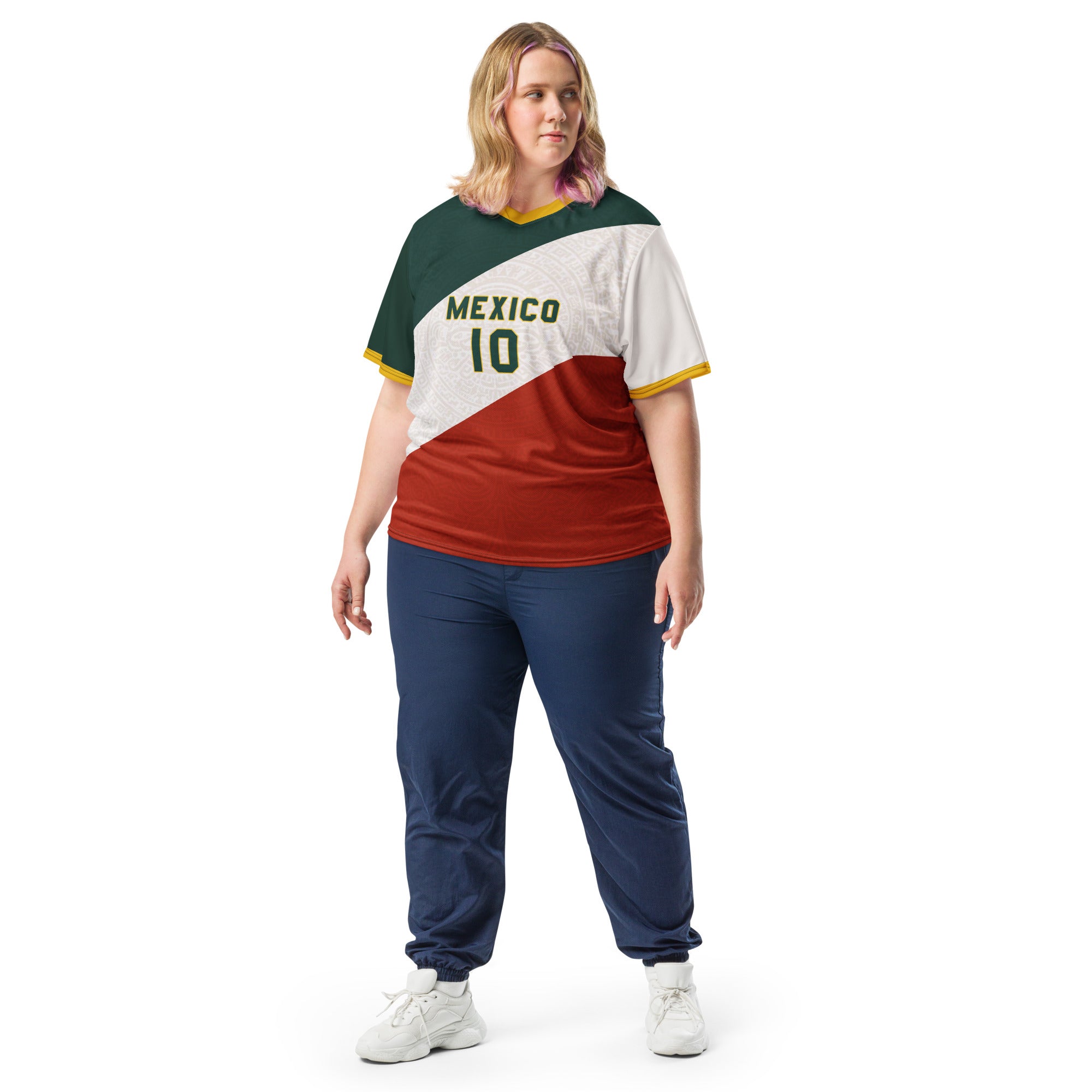 all-over-print-recycled-unisex-sports-jersey-Mexico-tricolor-edition-soccer-jersey-_10-navy-base-with-red-and-white-diagonal-strike-premium-national-team-jersey_female-model-front-view