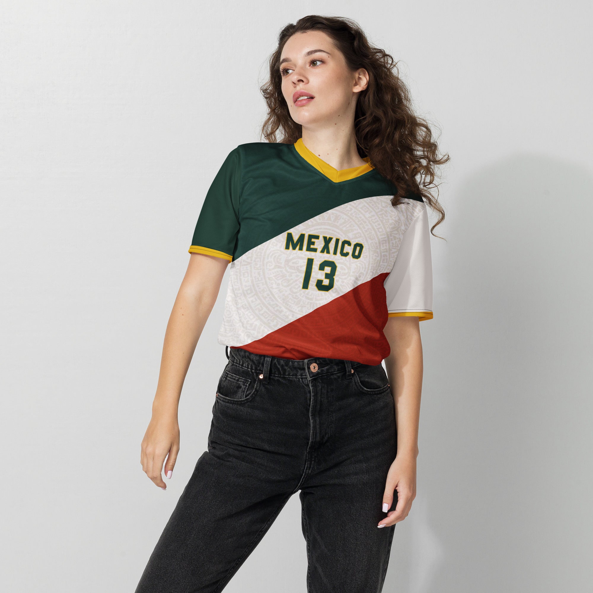 all-over-print-recycled-unisex-sports-jersey-Mexico-tricolor-edition-soccer-jersey-_13-navy-base-with-red-and-white-diagonal-strike-premium-national-team-fanwear-female-model-front-view