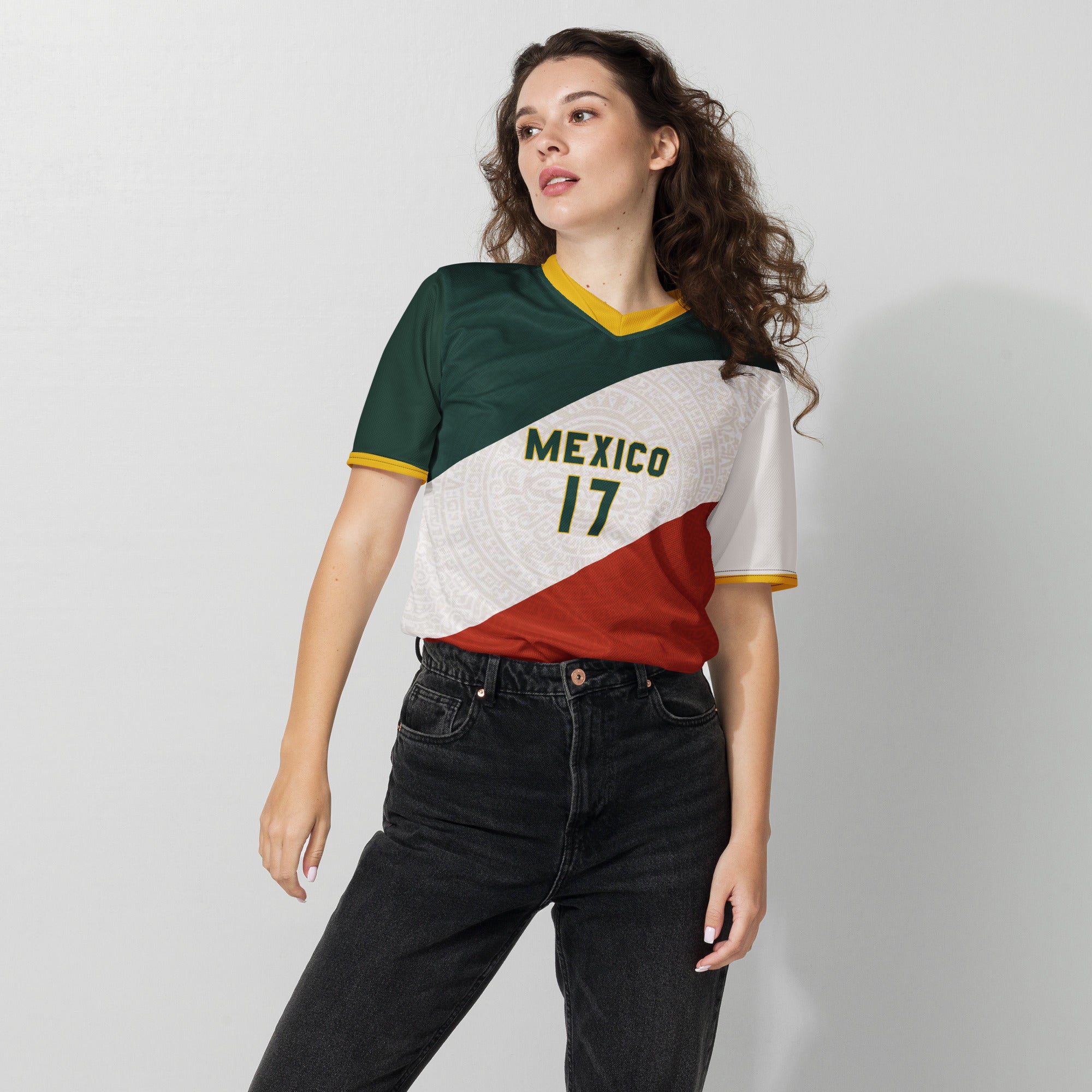 all-over-print-recycled-unisex-sports-jersey-Mexico-tricolor-edition-soccer-jersey-_17-navy-base-with-red-and-white-diagonal-strike-premium-national-team-fanwear-female-model-front-view