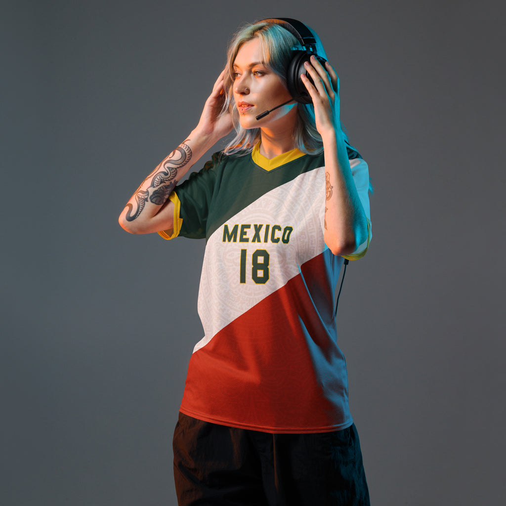 all-over-print-recycled-unisex-sports-jersey-Mexico-tricolor-edition-soccer-jersey-_18-navy-base-with-red-and-white-diagonal-strike-premium-national-team-fanwear-front-female-model-view