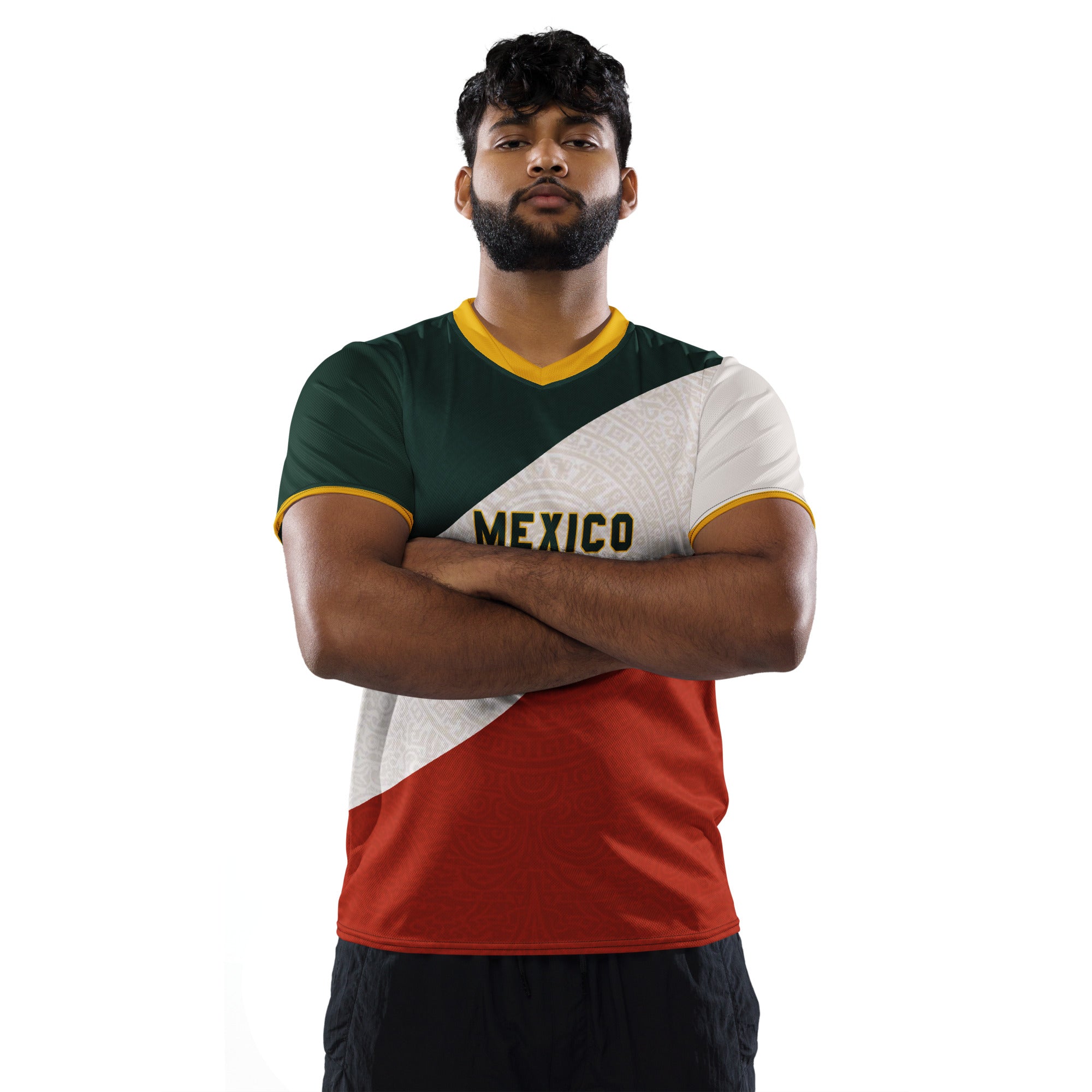 all-over-print-recycled-unisex-sports-jersey-Mexico-tricolor-edition-soccer-jersey-_18-navy-base-with-red-and-white-diagonal-strike-premium-national-team-fanwear-male-model-front-view