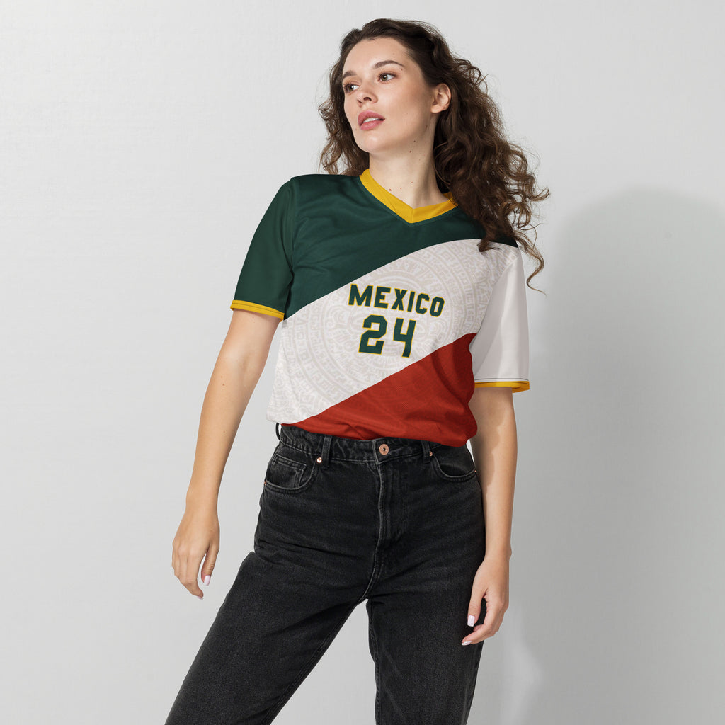 all-over-print-recycled-unisex-sports-jersey-Mexico-tricolor-edition-soccer-jersey-_24-navy-base-with-red-and-white-diagonal-strike-premium-national-team-fanwear-female-model-front-view