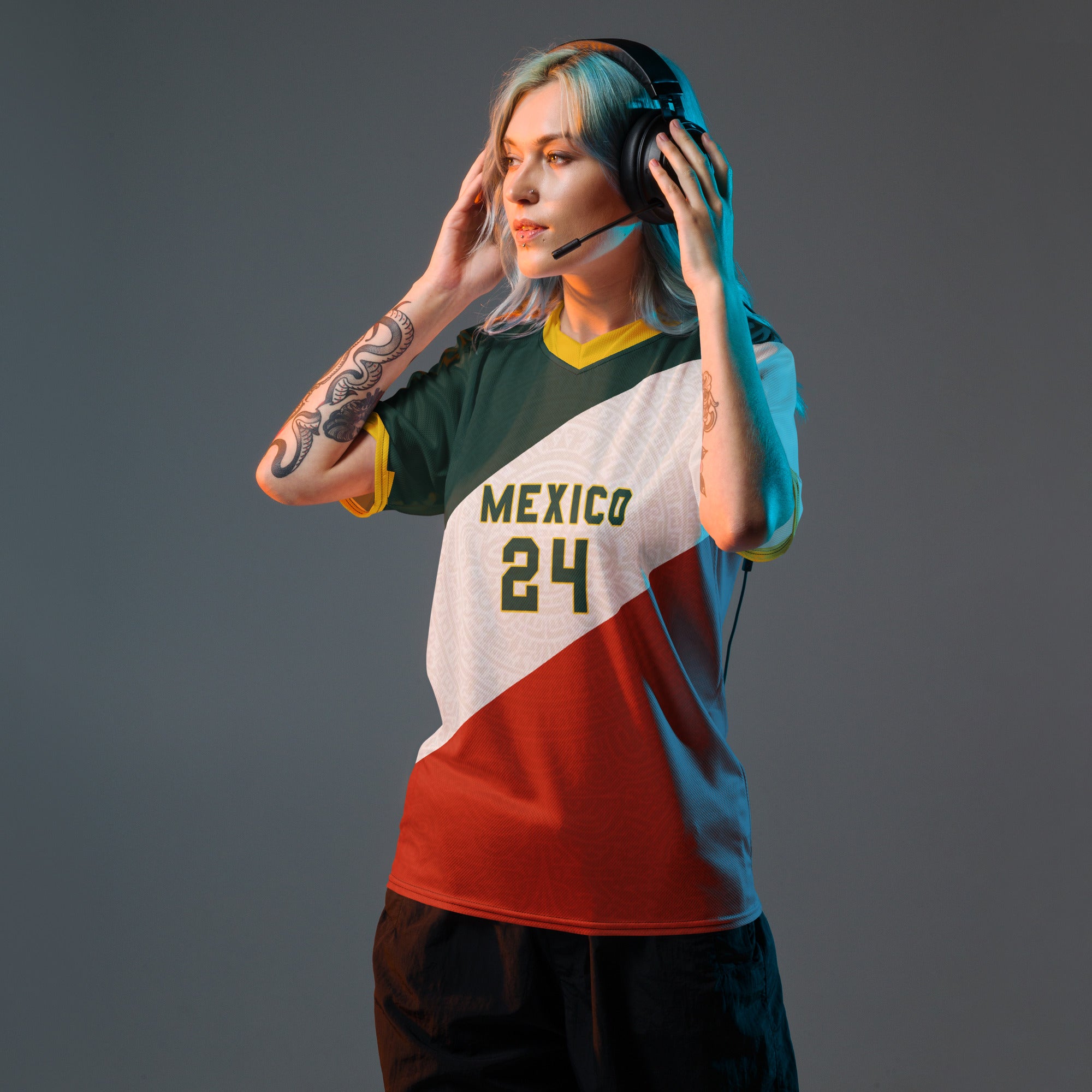 all-over-print-recycled-unisex-sports-jersey-Mexico-tricolor-edition-soccer-jersey-_24-navy-base-with-red-and-white-diagonal-strike-premium-national-team-fanwear-front-female-model-view