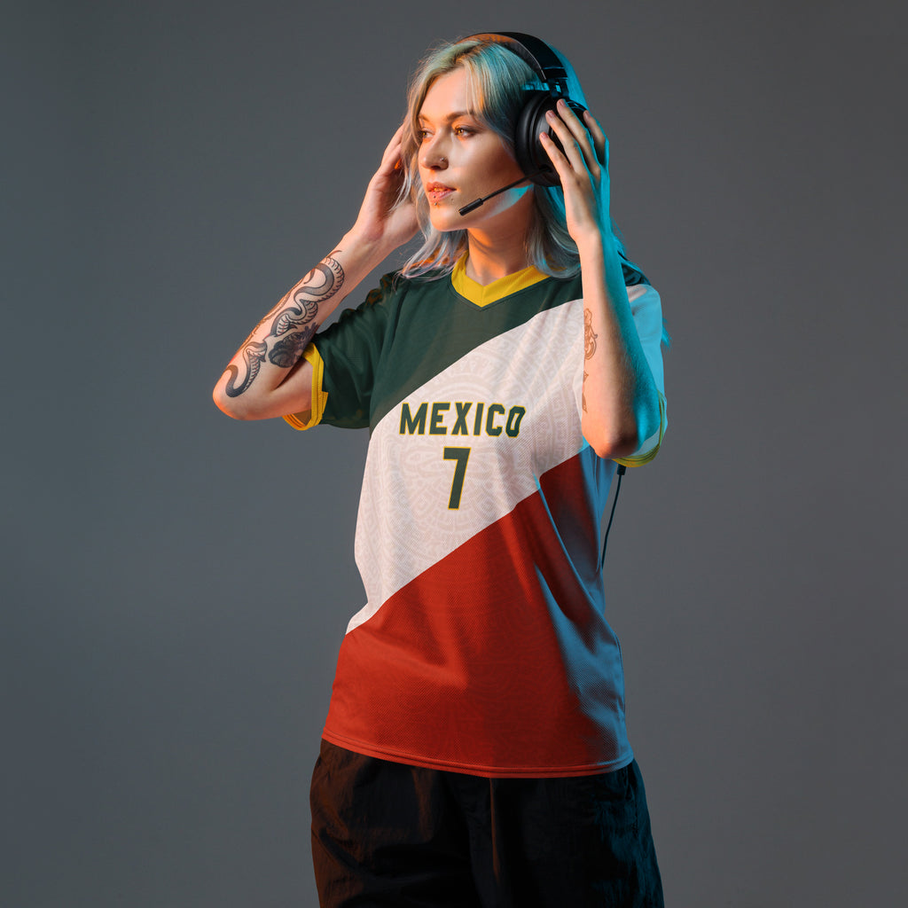 all-over-print-recycled-unisex-sports-jersey-Mexico-tricolor-edition-soccer-jersey-_7-navy-base-with-red-and-white-diagonal-strike-premium-national-team-fanwear-front-female-model-view