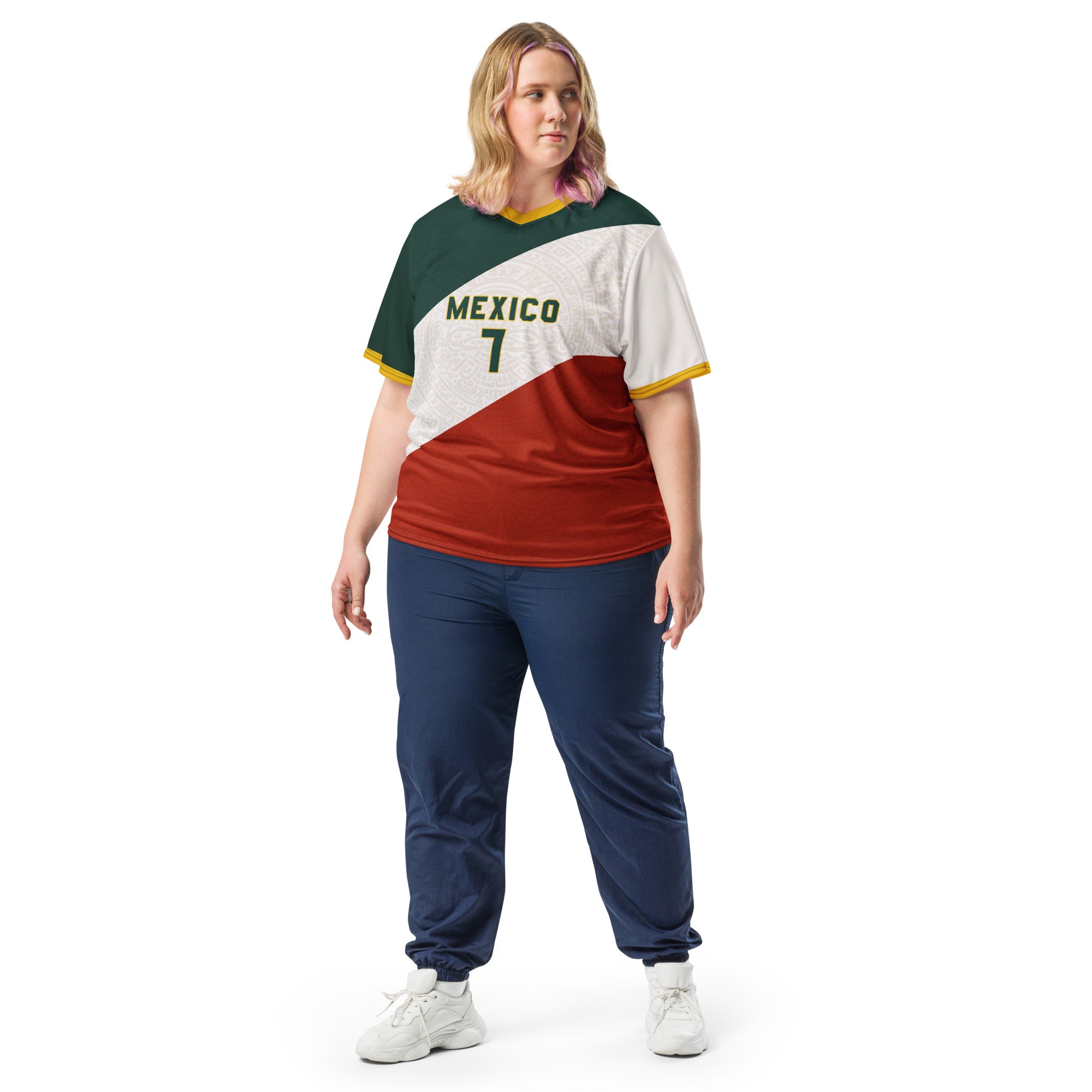 all-over-print-recycled-unisex-sports-jersey-Mexico-tricolor-edition-soccer-jersey-_7-navy-base-with-red-and-white-diagonal-strike-premium-national-team-jersey_female-model-front-view