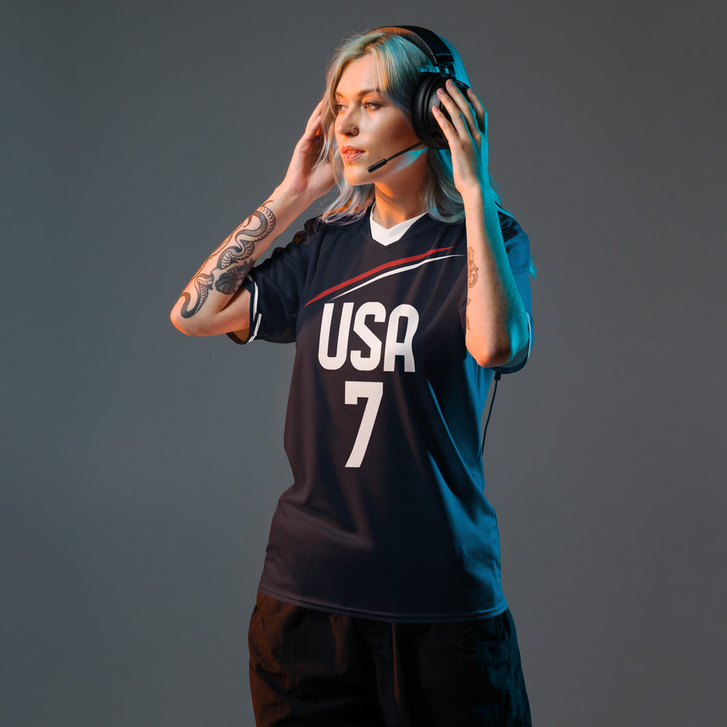 all-over-print-recycled-unisex-sports-jersey-USA-Midnight-Strike-soccer-jersey-_7-navy-base-with-red-and-white-diagonal-strike-premium-national-team-fanwear-front-female-model-view