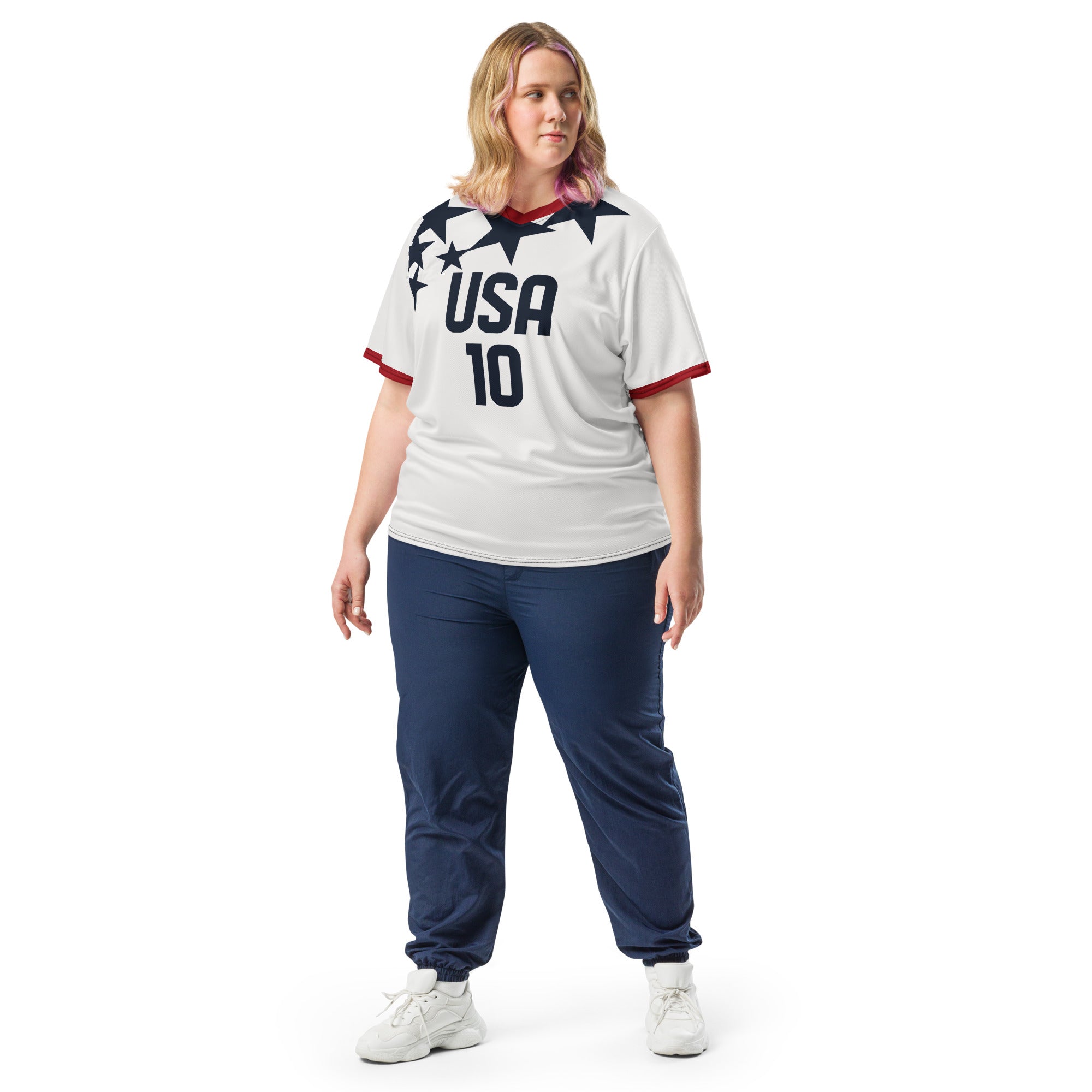 all-over-print-recycled-unisex-sports-jersey-USA-star-edition-soccer-jersey-_10-navy-base-with-red-and-white-diagonal-strike-premium-national-team-jersey_female-model-front-view