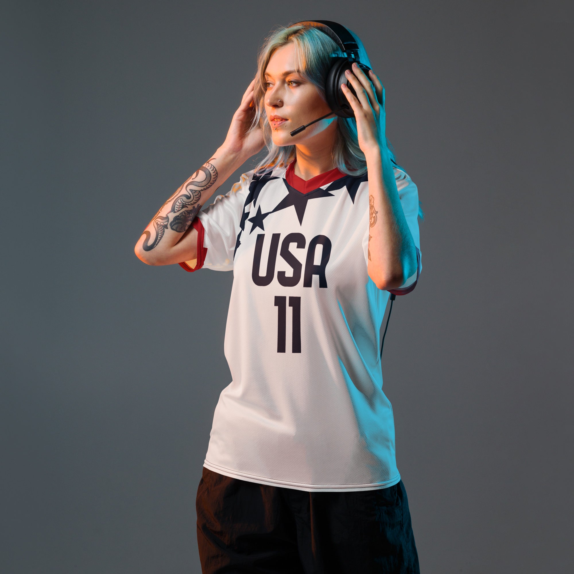 all-over-print-recycled-unisex-sports-jersey-USA-star-edition-soccer-jersey-_11-navy-base-with-red-and-white-diagonal-strike-premium-national-team-fanwear-front-female-model-view