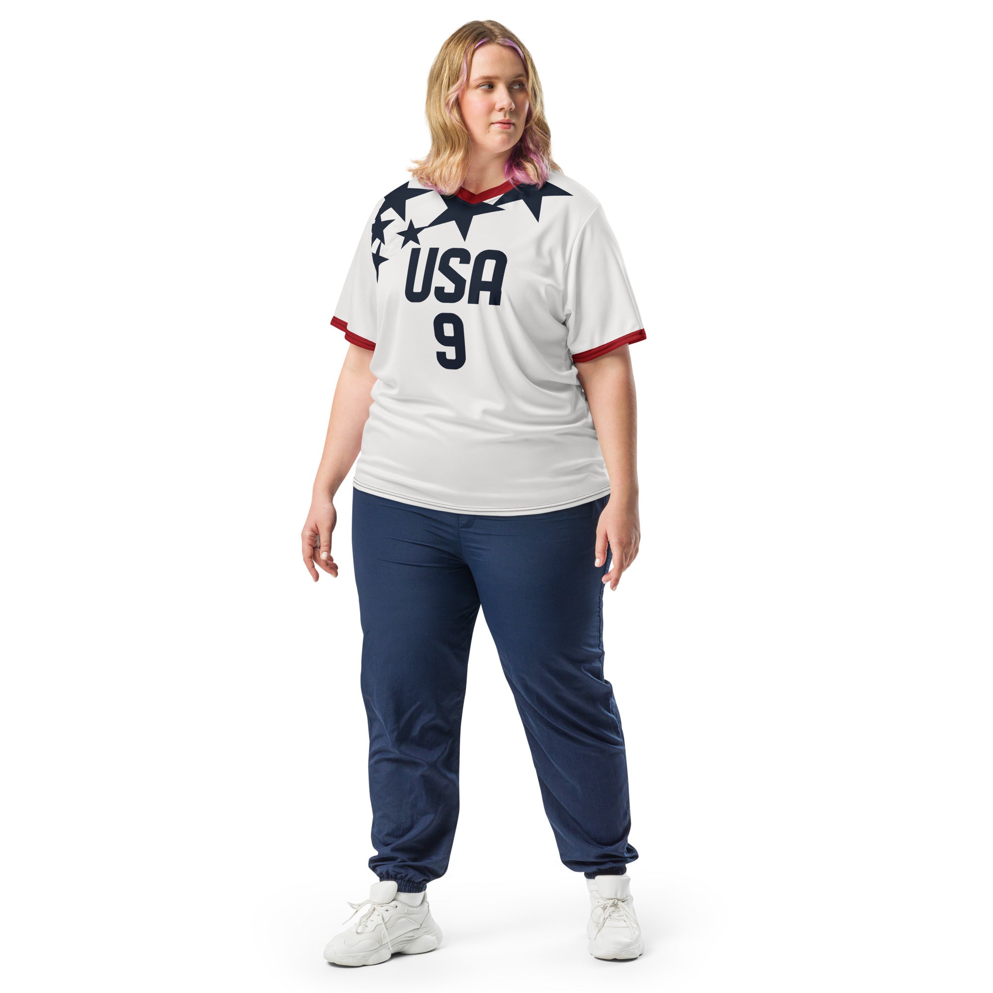 all-over-print-recycled-unisex-sports-jersey-USA-star-edition-soccer-jersey-_9-navy-base-with-red-and-white-diagonal-strike-premium-national-team-jersey_female-model-front-view