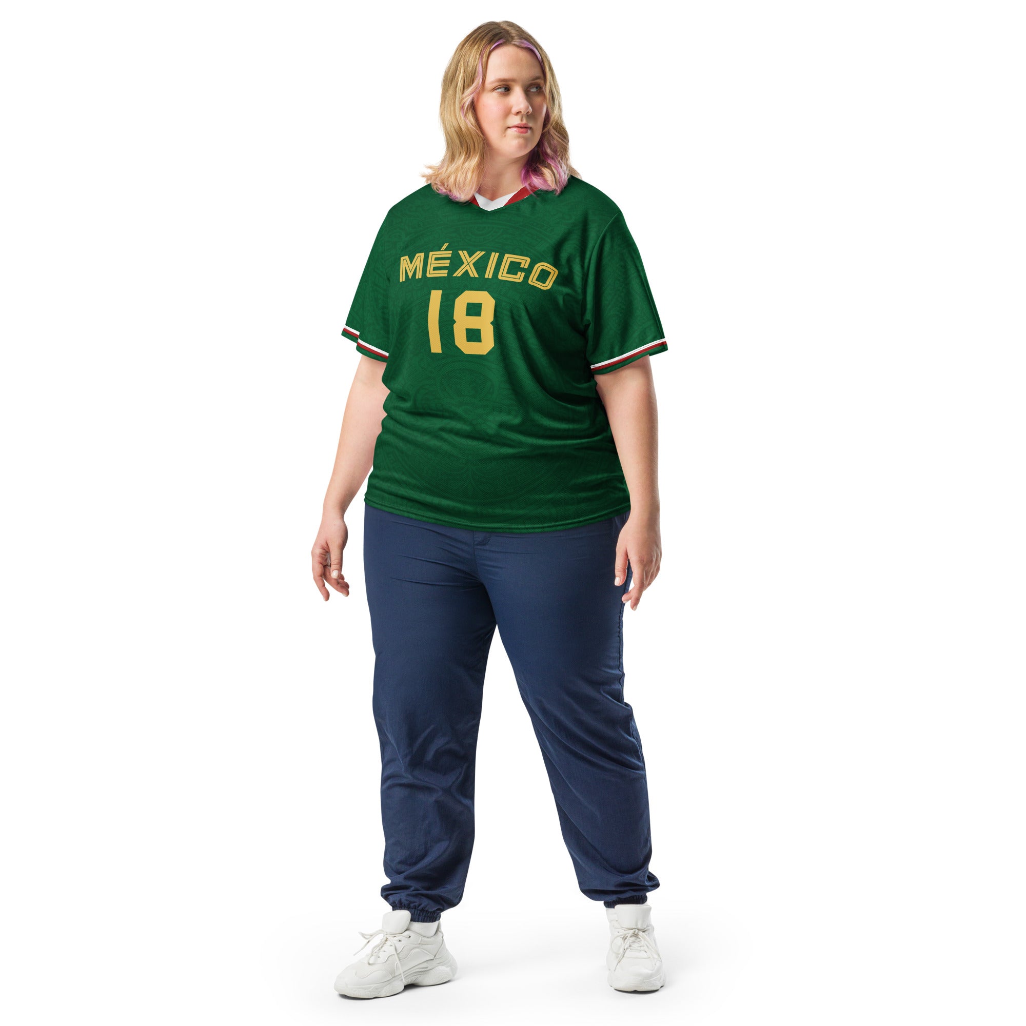 all-over-print-recycled-unisex-sports-jersey-#18-Mexico-Heritage-Verde-edition-soccer-jersey-#-navy-base-with-red-and-white-diagonal-strike-premium-national-team-jersey–female-model-front-view
