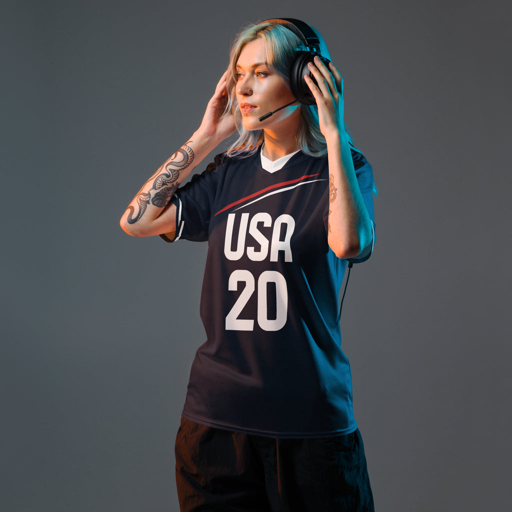 all-over-print-recycled-unisex-sports-jersey-_20-USA-Midnight-Strike-soccer-jersey-navy-base-with-red-and-white-diagonal-strike-premium-national-team-fanwear-front-female-model-view