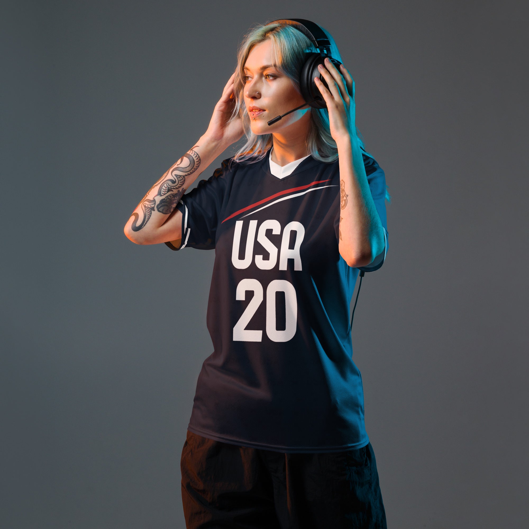 all-over-print-recycled-unisex-sports-jersey-_20-USA-Midnight-Strike-soccer-jersey-navy-base-with-red-and-white-diagonal-strike-premium-national-team-fanwear-front-female-model-view