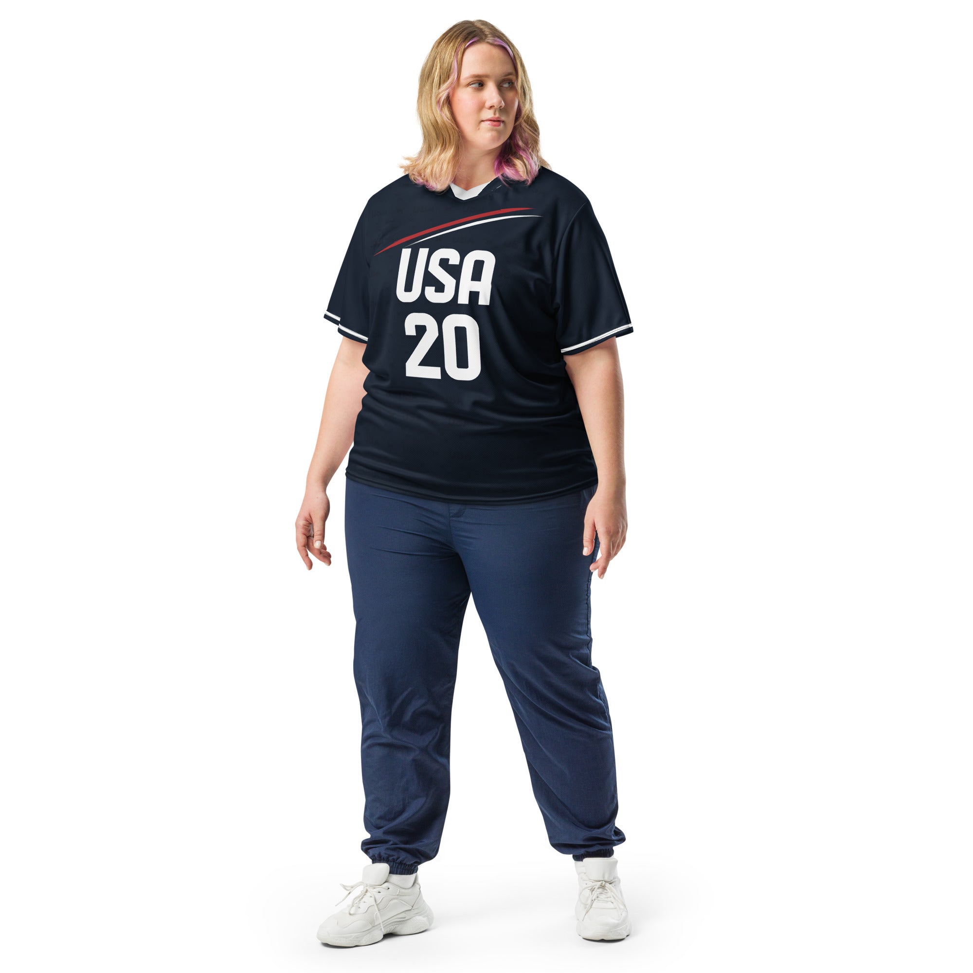 all-over-print-recycled-unisex-sports-jersey-_20-USA-Midnight-Strike-soccer-jersey-navy-base-with-red-and-white-diagonal-strike-premium-national-team-jersey_female-model-front-view
