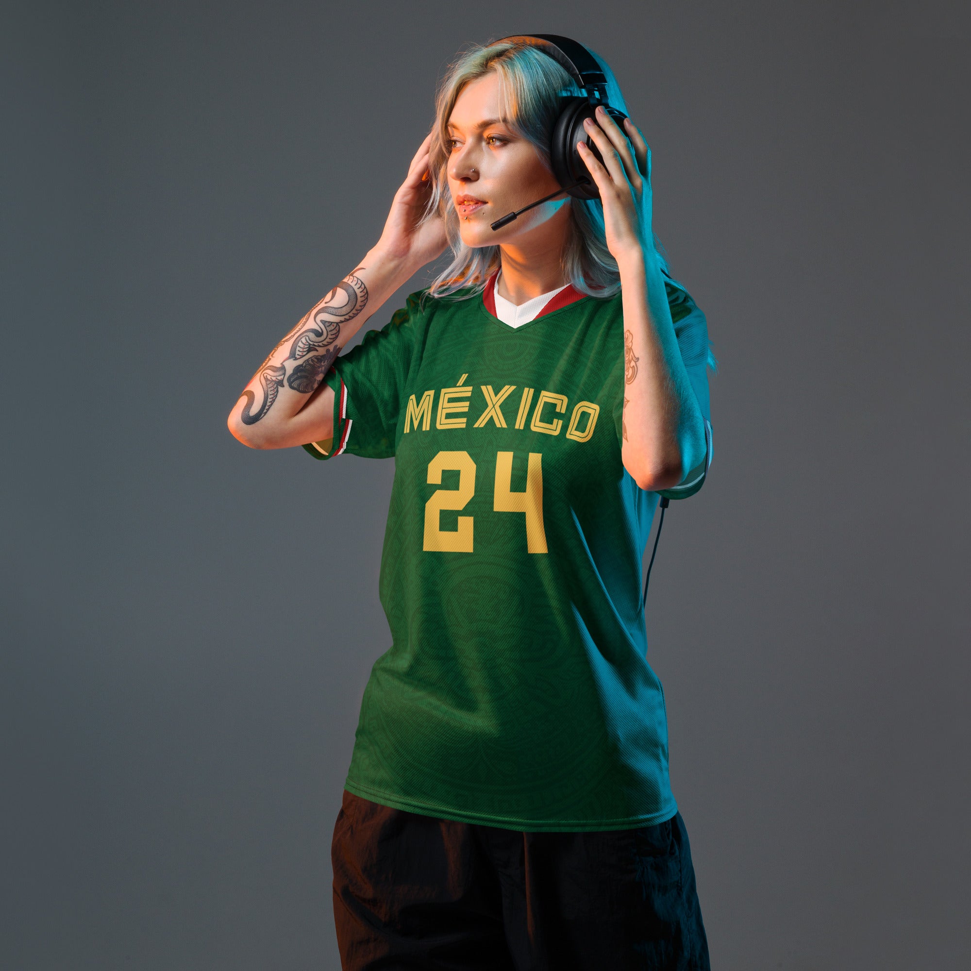 all-over-print-recycled-unisex-sports-jersey-#24-Mexico-Heritage-Verde-edition-soccer-jersey-#-navy-base-with-red-and-white-diagonal-strike-premium-national-team-fanwear-front-female-model-view