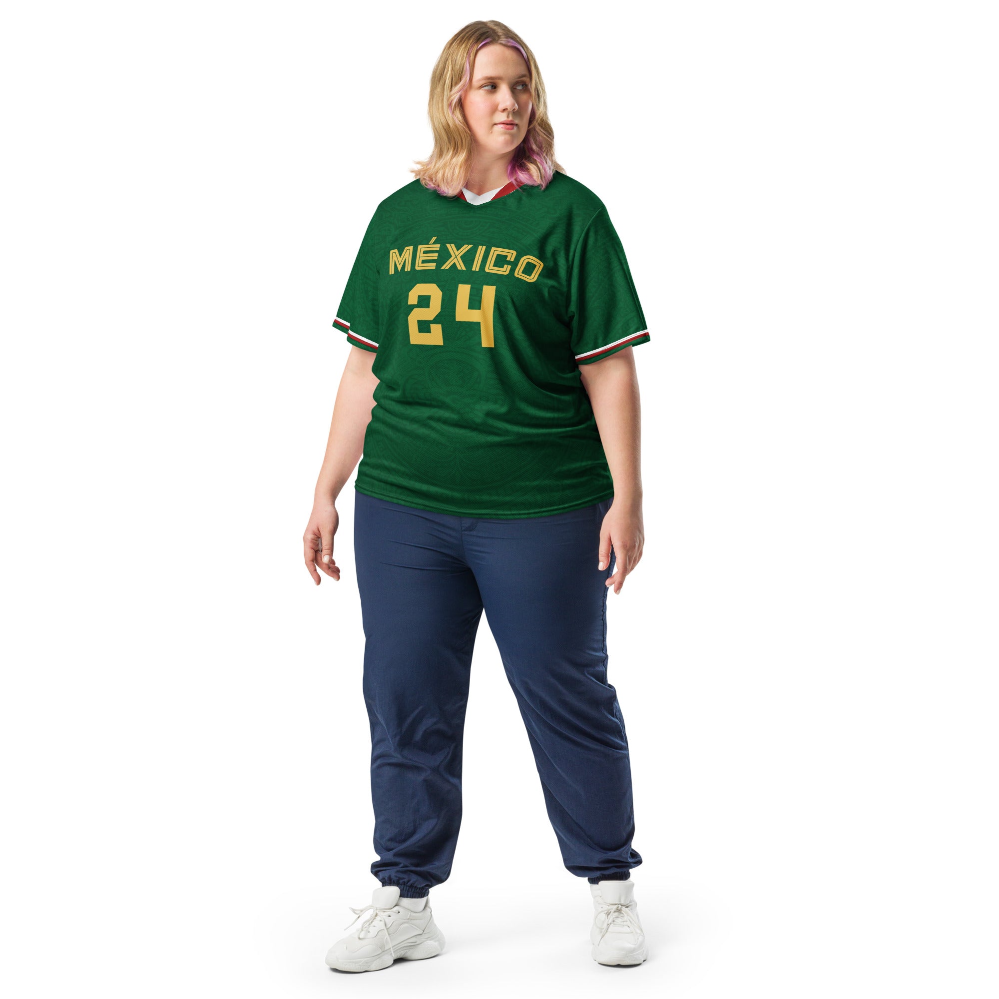 all-over-print-recycled-unisex-sports-jersey-#24-Mexico-Heritage-Verde-edition-soccer-jersey-#-navy-base-with-red-and-white-diagonal-strike-premium-national-team-jersey–female-model-front-view