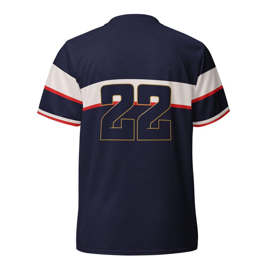 all-over-print-recycled-unisex-sports-jersey-France-Bleu-Majesté-edition-soccer-jersey-royal-blue-base-with-white-chest-band-and-gold-FRANCE-branding-premium-national-team-fanwear-back-view
