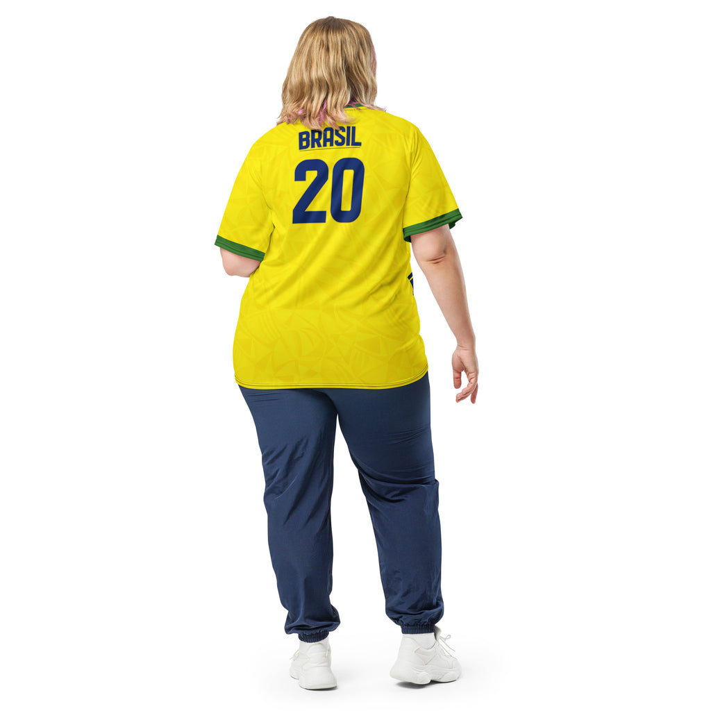 all-over-print-recycled-unisex-sports-jersey-#20- Brazil-Aurora-Amarela-edition-soccer-jersey-vibrant-yellow-with-blue-diagonal-strike-and-geometric-pattern-premium-national-team-fanwear-model-back-view2-female-model