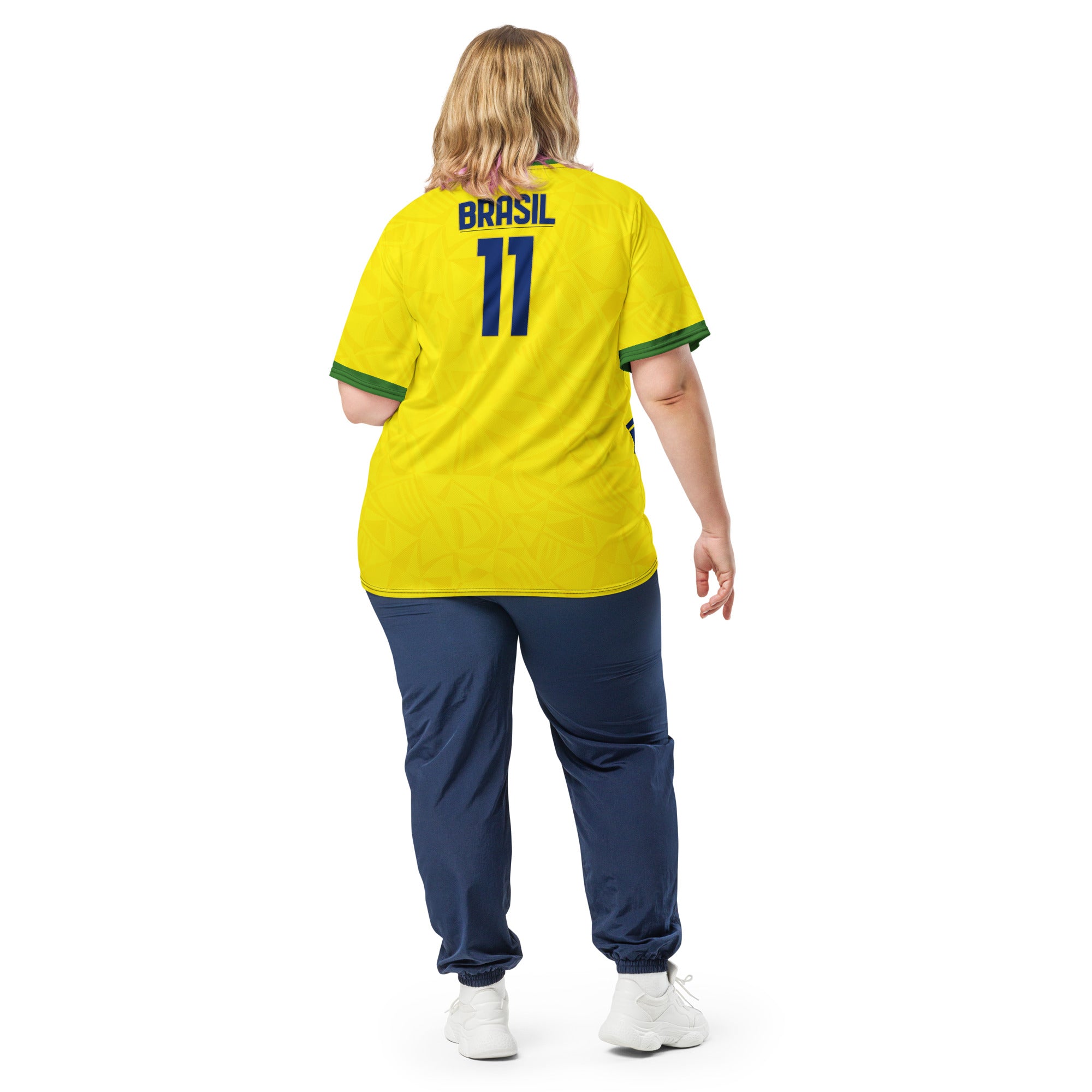 all-over-print-recycled-unisex-sports-jersey-#11- Brazil-Aurora-Amarela-edition-soccer-jersey-vibrant-yellow-with-blue-diagonal-strike-and-geometric-pattern-premium-national-team-fanwear-model-back-view2-female-model