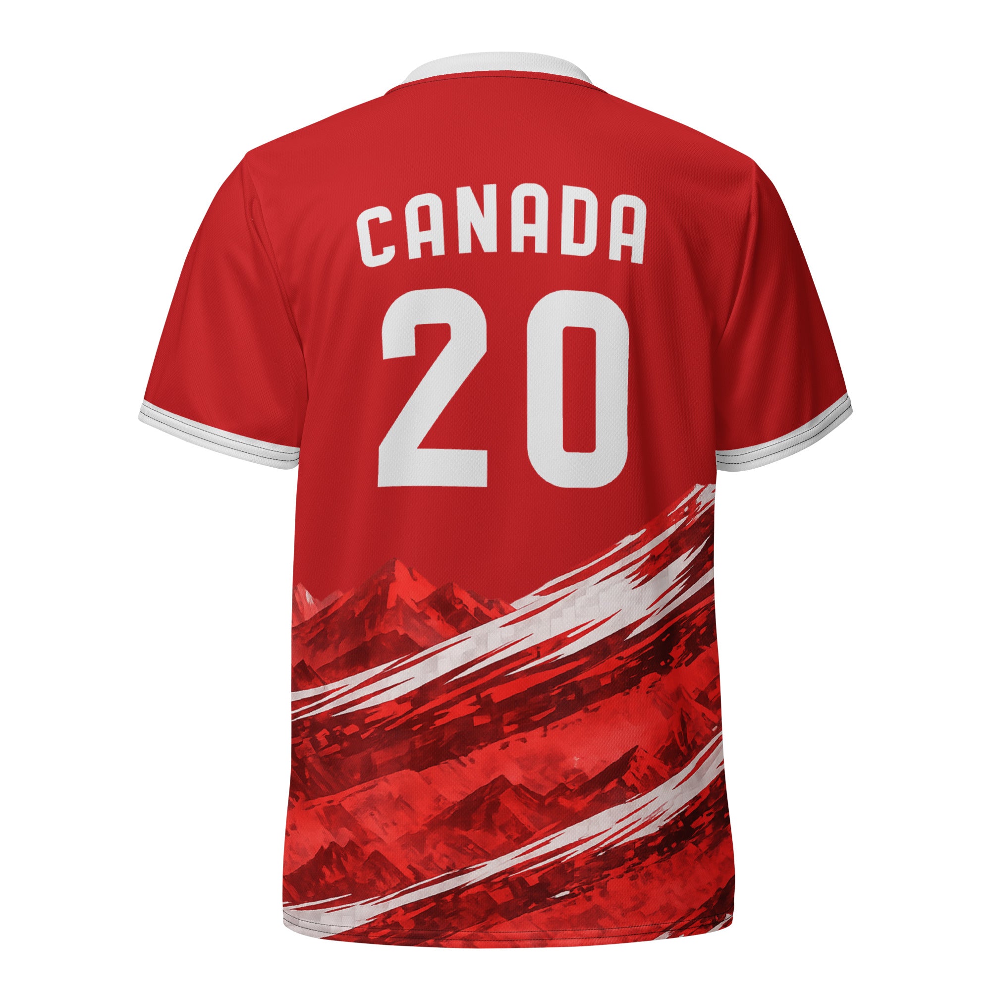 all-over-print-recycled-unisex-sports-jersey-#20-Canada-Northern-Pulse-edition-soccer-jersey-#-red-base-with- with-maple-leaf-and-mountain-graphics-premium-national-team-fanwear-front-view