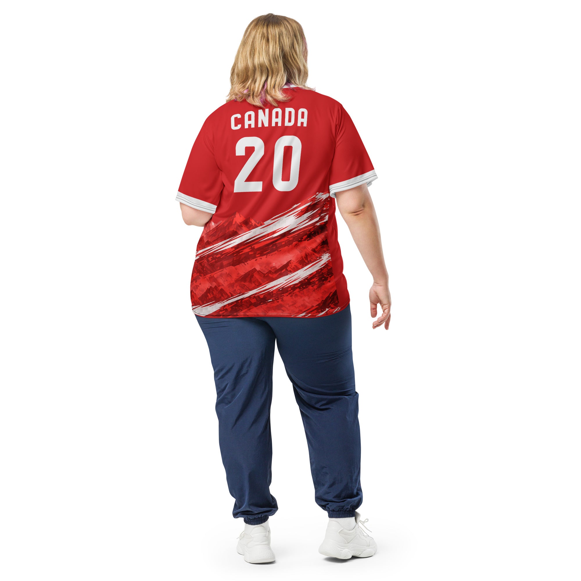 all-over-print-recycled-unisex-sports-jersey-#20-Canada-Northern-Pulse-edition-soccer-jersey-#-red-base-with- with-maple-leaf-and-mountain-graphics-premium-national-team-fanwear-model-front-view2-female-model