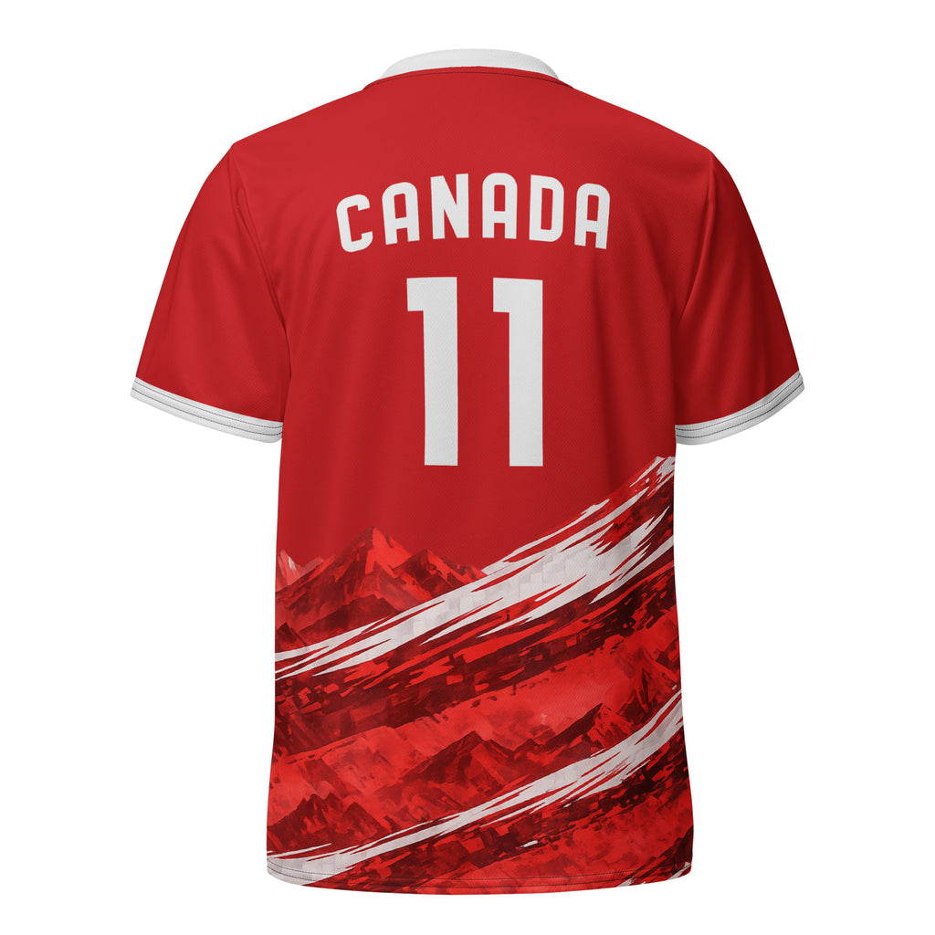 all-over-print-recycled-unisex-sports-jersey-#11-Canada-Northern-Pulse-edition-soccer-jersey-#-red-base-with- with-maple-leaf-and-mountain-graphics-premium-national-team-fanwear-back-view