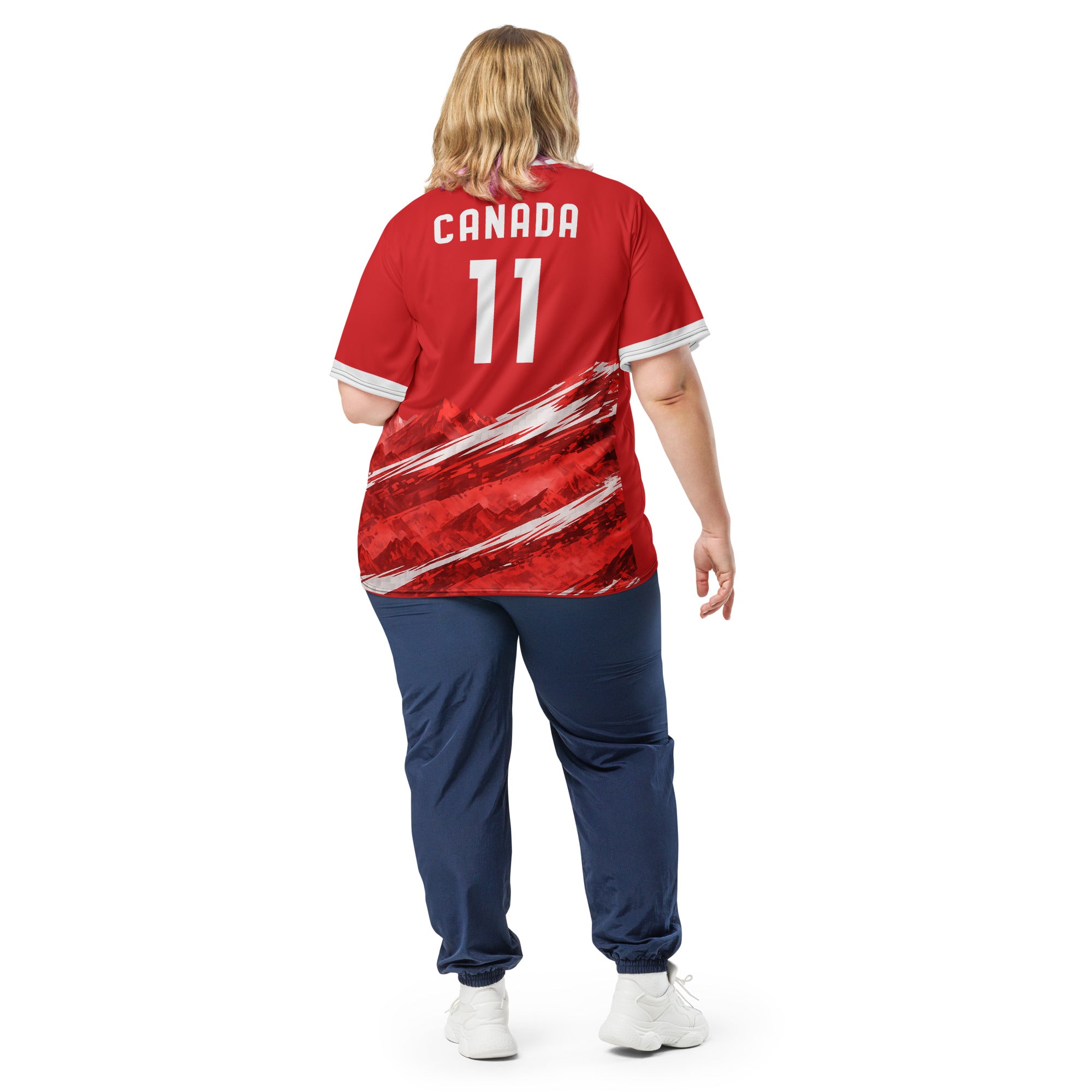 all-over-print-recycled-unisex-sports-jersey-#11-Canada-Northern-Pulse-edition-soccer-jersey-#-red-base-with- with-maple-leaf-and-mountain-graphics-premium-national-team-fanwear-model-back-view2-female-model