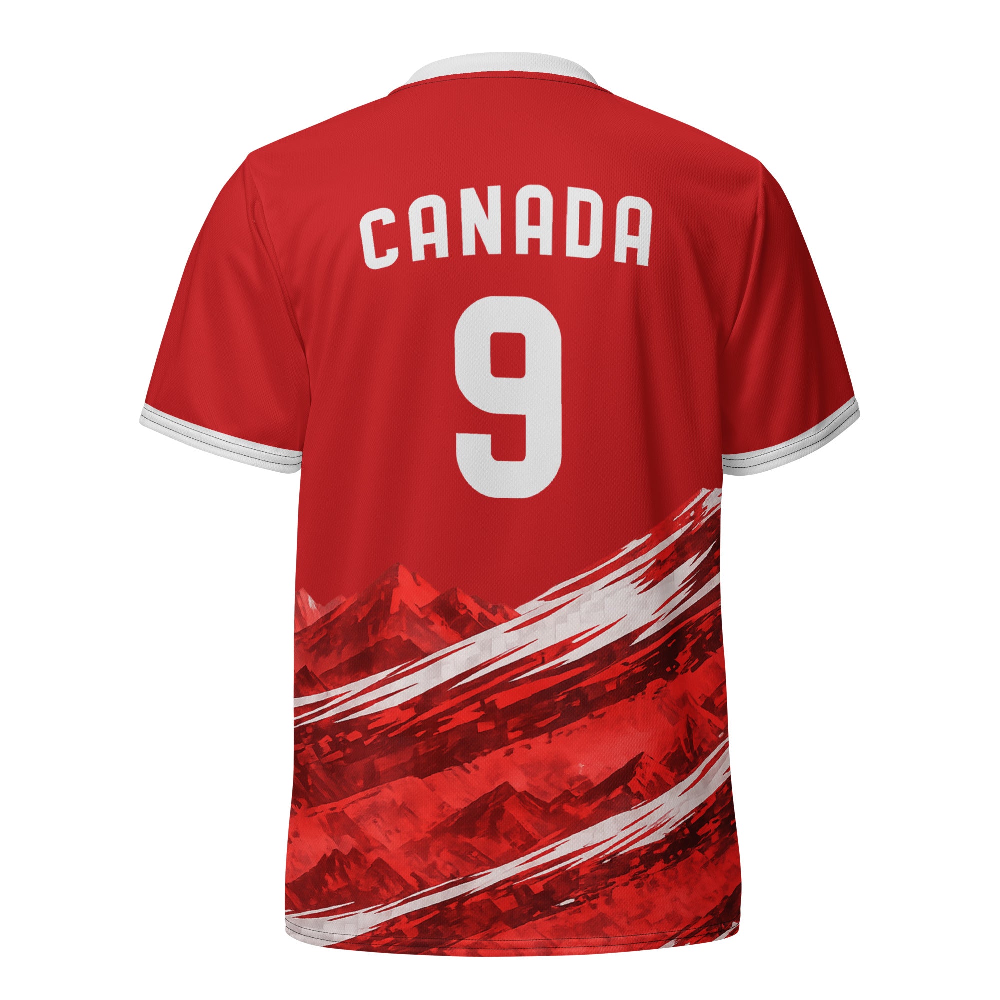 all-over-print-recycled-unisex-sports-jersey-#9-Canada-Northern-Pulse-edition-soccer-jersey-#-red-base-with- with-maple-leaf-and-mountain-graphics-premium-national-team-fanwear-back-view