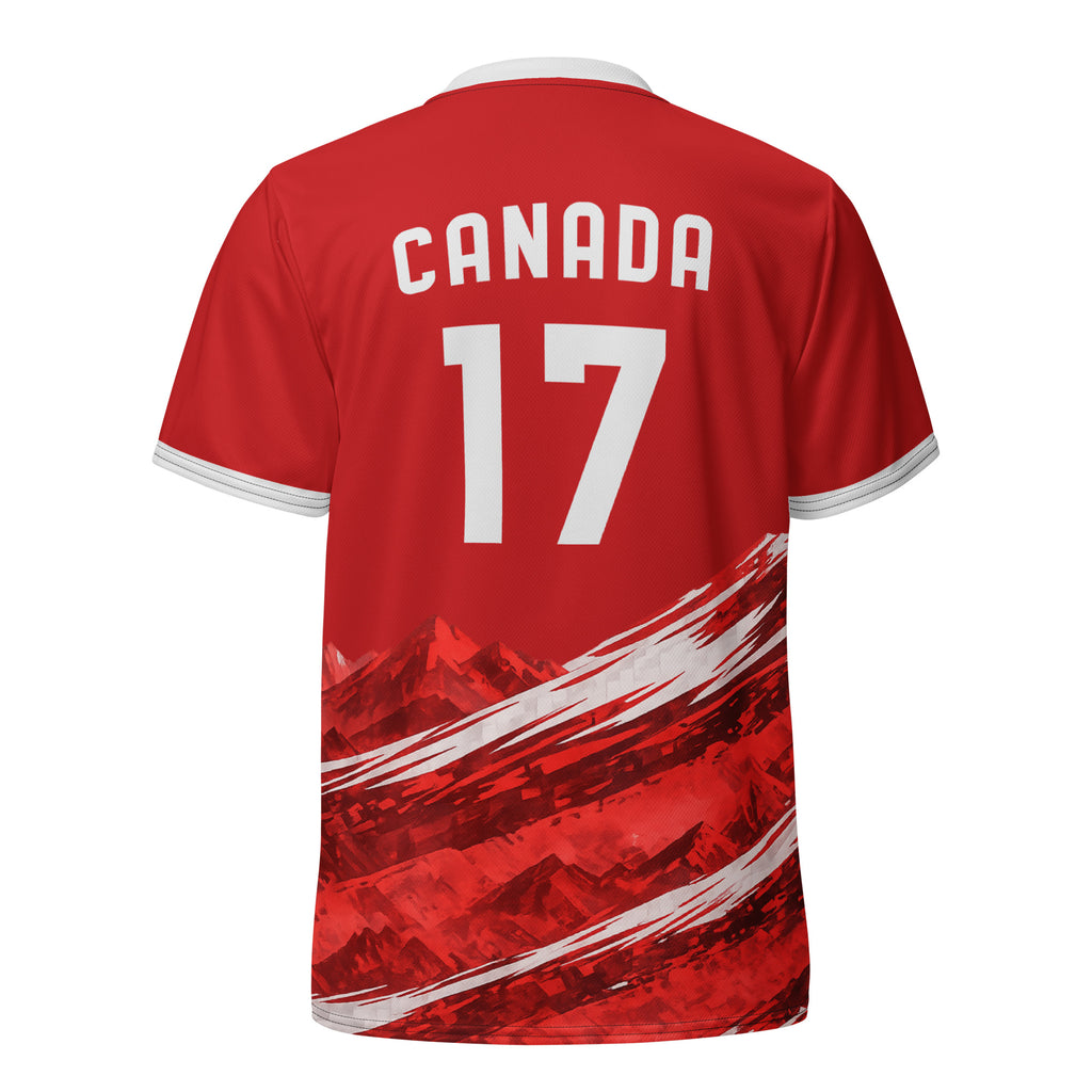 all-over-print-recycled-unisex-sports-jersey-#17-Canada-Northern-Pulse-edition-soccer-jersey-#-red-base-with- with-maple-leaf-and-mountain-graphics-premium-national-team-fanwear-back-view