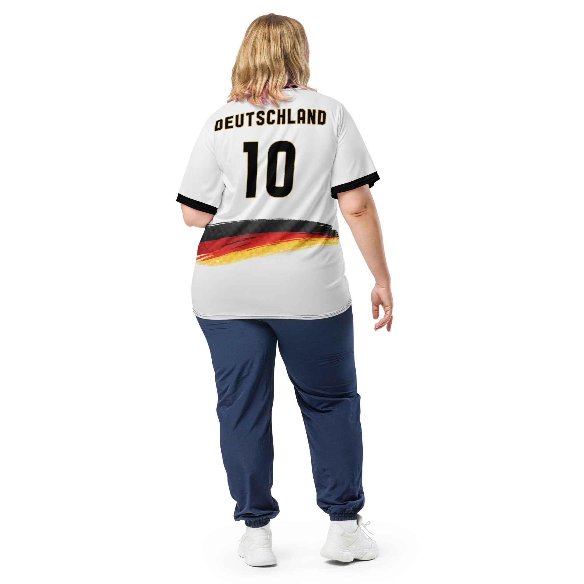 all-over-print-recycled-unisex-sports-jersey-Germany Horizon-edition-soccer-jersey-black-sleeves-with-tricolor-brushstroke-band-and-gold red black-trim-pattern-premium-national-team-fanwear-model-back-view2-female-model