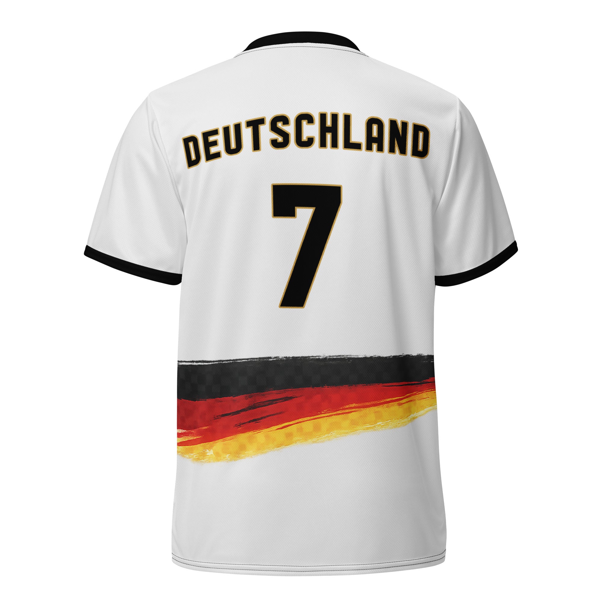all-over-print-recycled-unisex-sports-jersey-Germany Horizon-edition-soccer-jersey-black-sleeves-with-tricolor-brushstroke-band-and-gold red black-trim-pattern-premium-national-team-fanwear-back-view