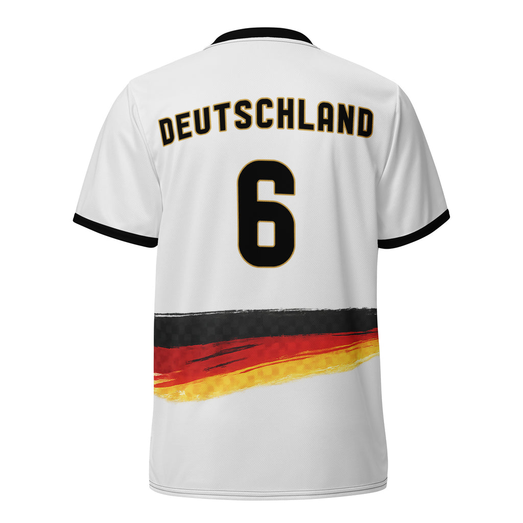 all-over-print-recycled-unisex-sports-jersey-Germany Horizon-edition-soccer-jersey-black-sleeves-with-tricolor-brushstroke-band-and-gold red black-trim-pattern-premium-national-team-fanwear-back-view