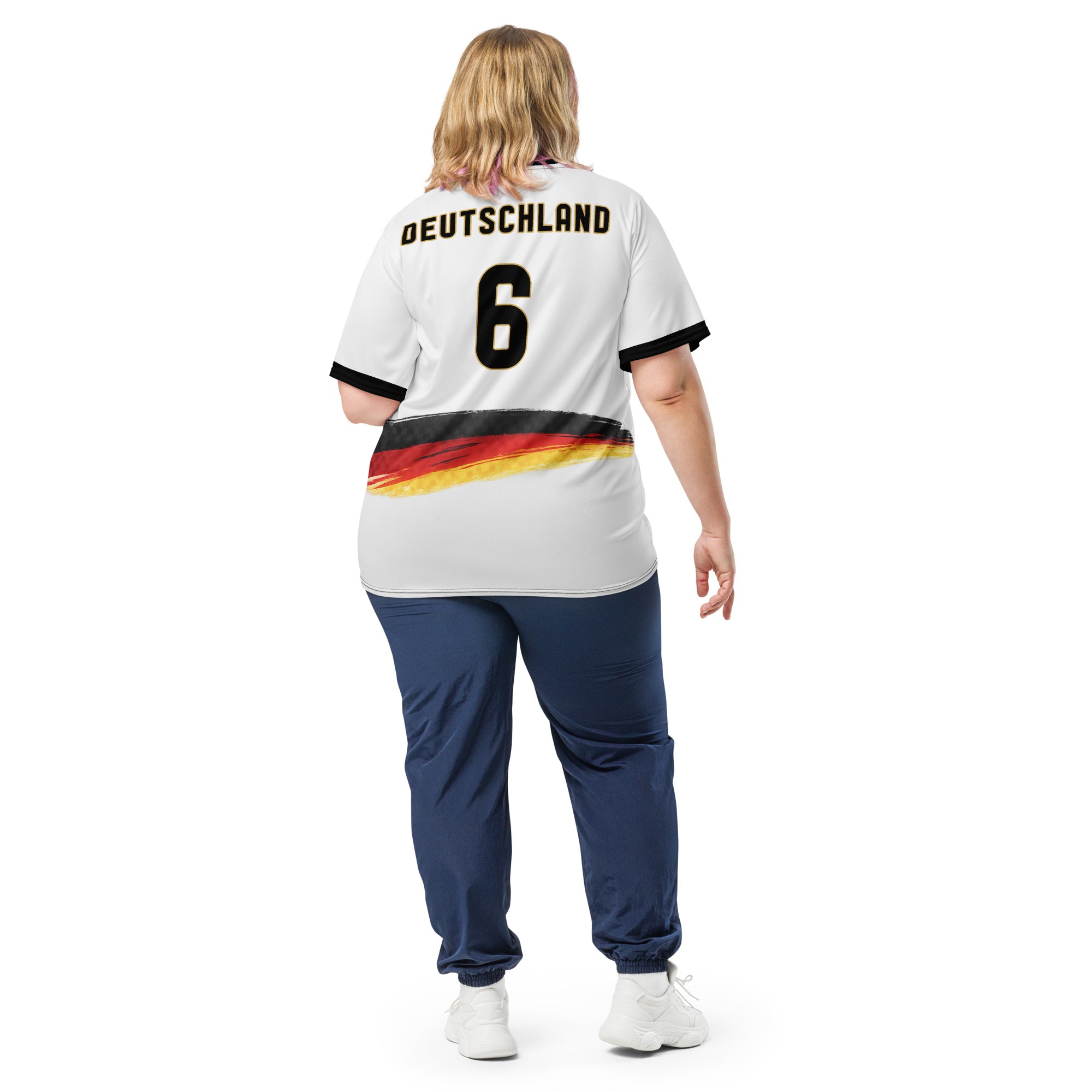 all-over-print-recycled-unisex-sports-jersey-Germany Horizon-edition-soccer-jersey-black-sleeves-with-tricolor-brushstroke-band-and-gold red black-trim-pattern-premium-national-team-fanwear-model-back-view2-female-model