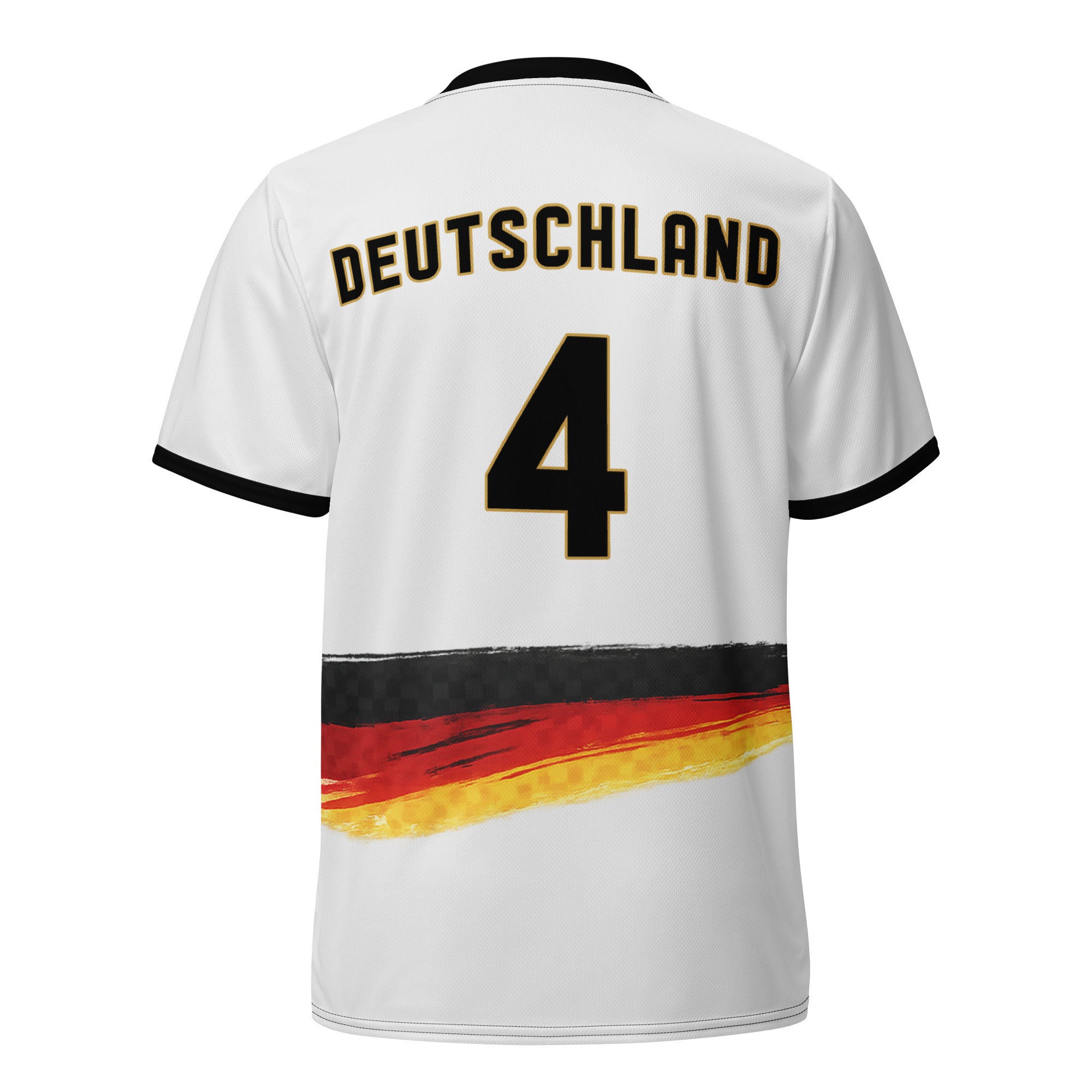 all-over-print-recycled-unisex-sports-jersey-Germany Horizon-edition-soccer-jersey-black-sleeves-with-tricolor-brushstroke-band-and-gold red black-trim-pattern-premium-national-team-fanwear-back-view