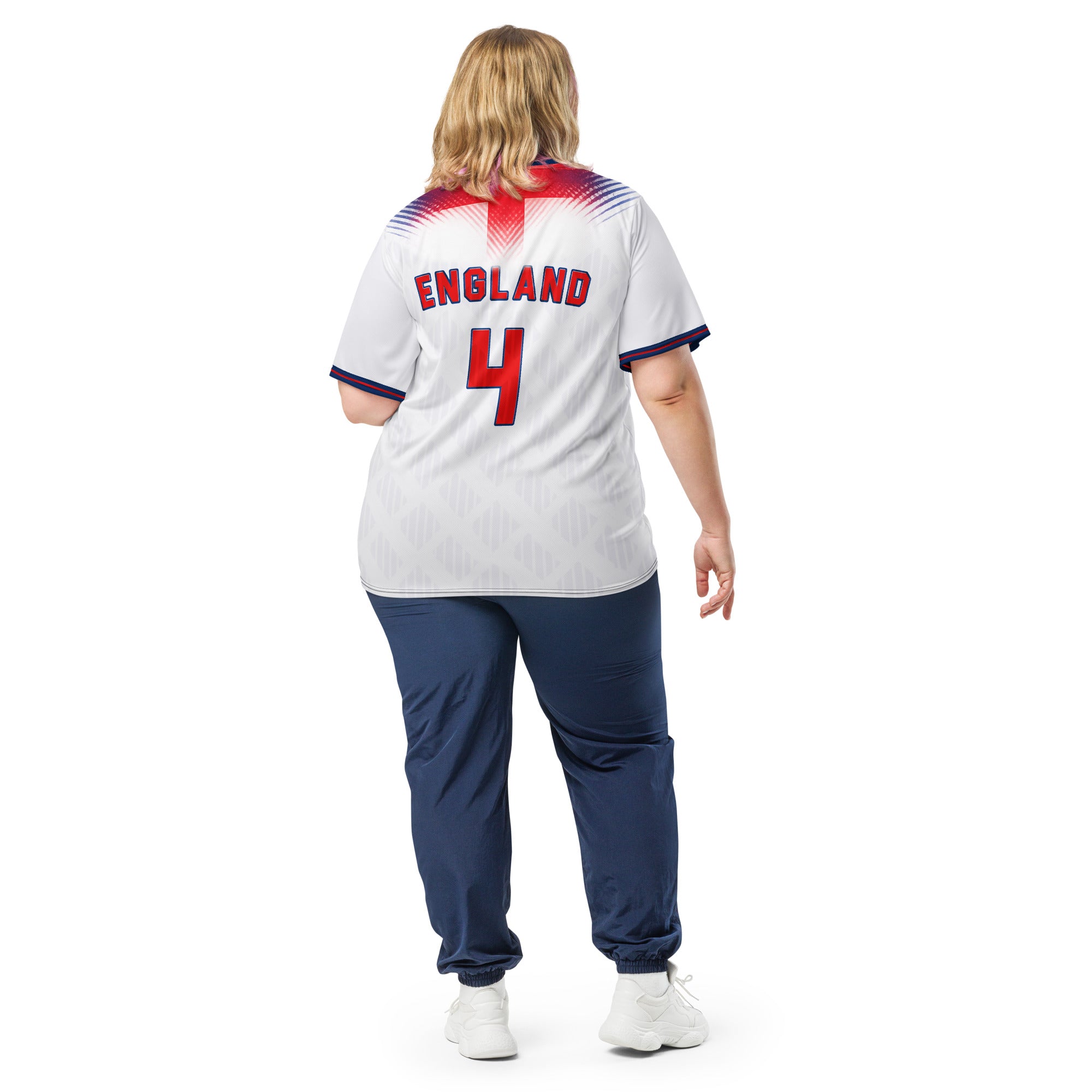 all-over-print-recycled-unisex-sports-jersey-#4-England-Lionheart-edition-soccer-jersey-vibrant-yellow-with-blue-diagonal-strike-and-geometric-pattern-premium-national-team-fanwear-model-back-view2-female-model
