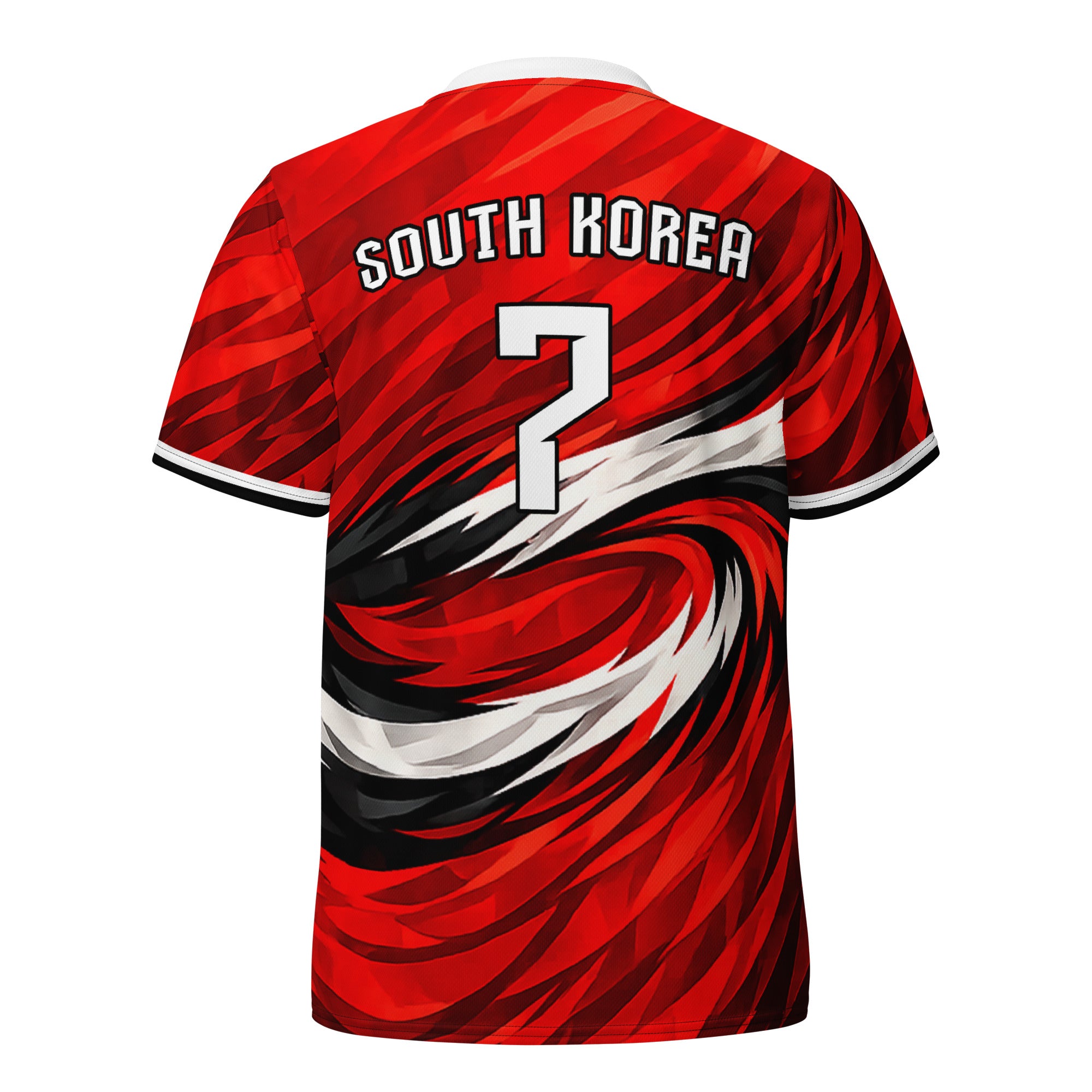 all-over-print-recycled-unisex-sports-jersey-South-Korea-Taegeuk-soccer-jersey- crimson-base-with-sweeping-red black white-wave-design-premium-national-team-fanwear-back-view