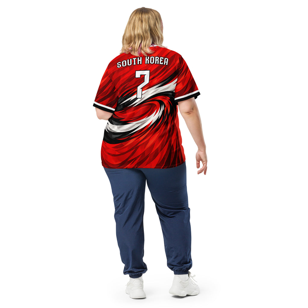 all-over-print-recycled-unisex-sports-jersey-South-Korea-Taegeuk-soccer-jersey- crimson-base-with-sweeping-red black white-wave-design-premium-national-team-fanwear-model-back-view2-female-model