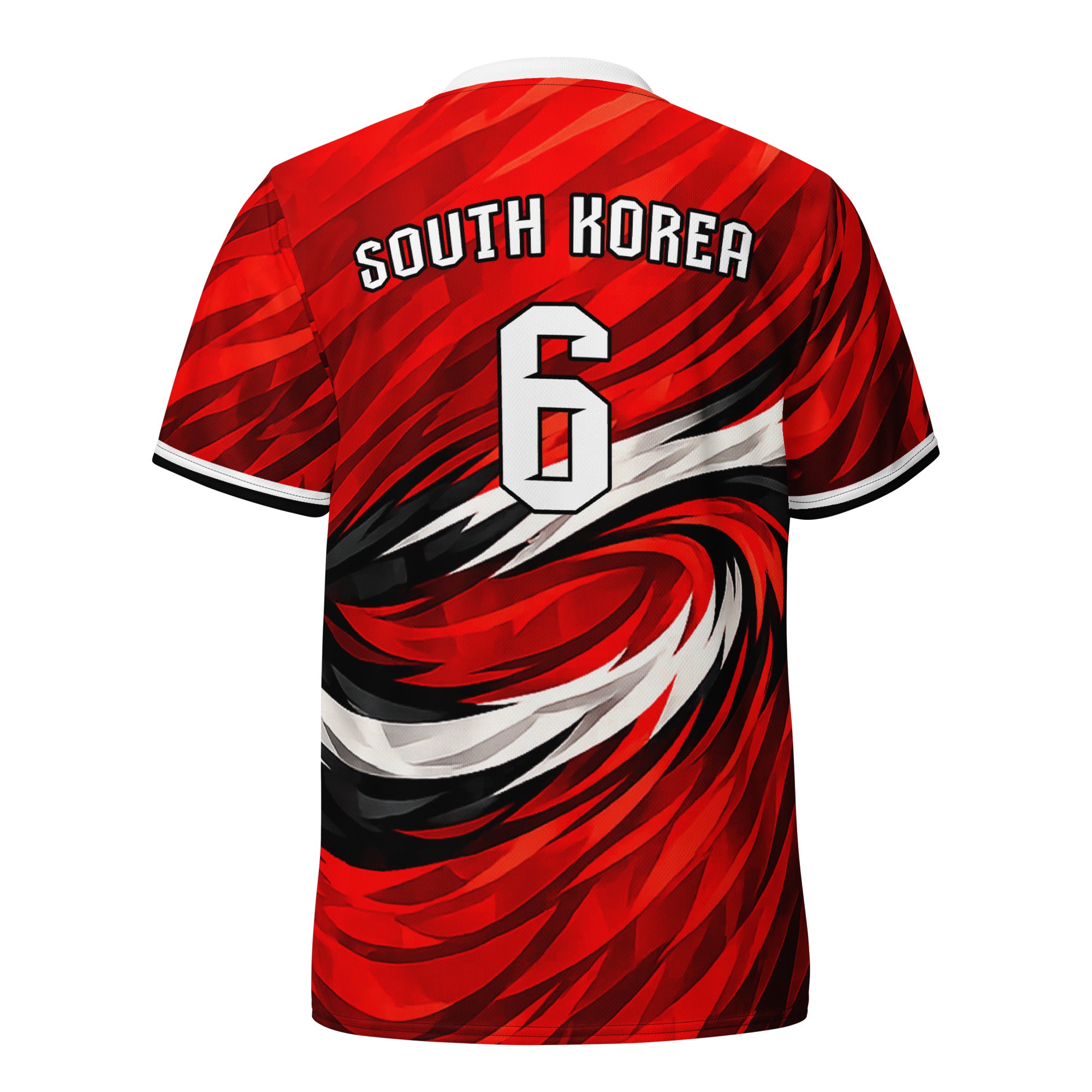 all-over-print-recycled-unisex-sports-jersey-South-Korea-Taegeuk-soccer-jersey- crimson-base-with-sweeping-red black white-wave-design-premium-national-team-fanwear-back-view