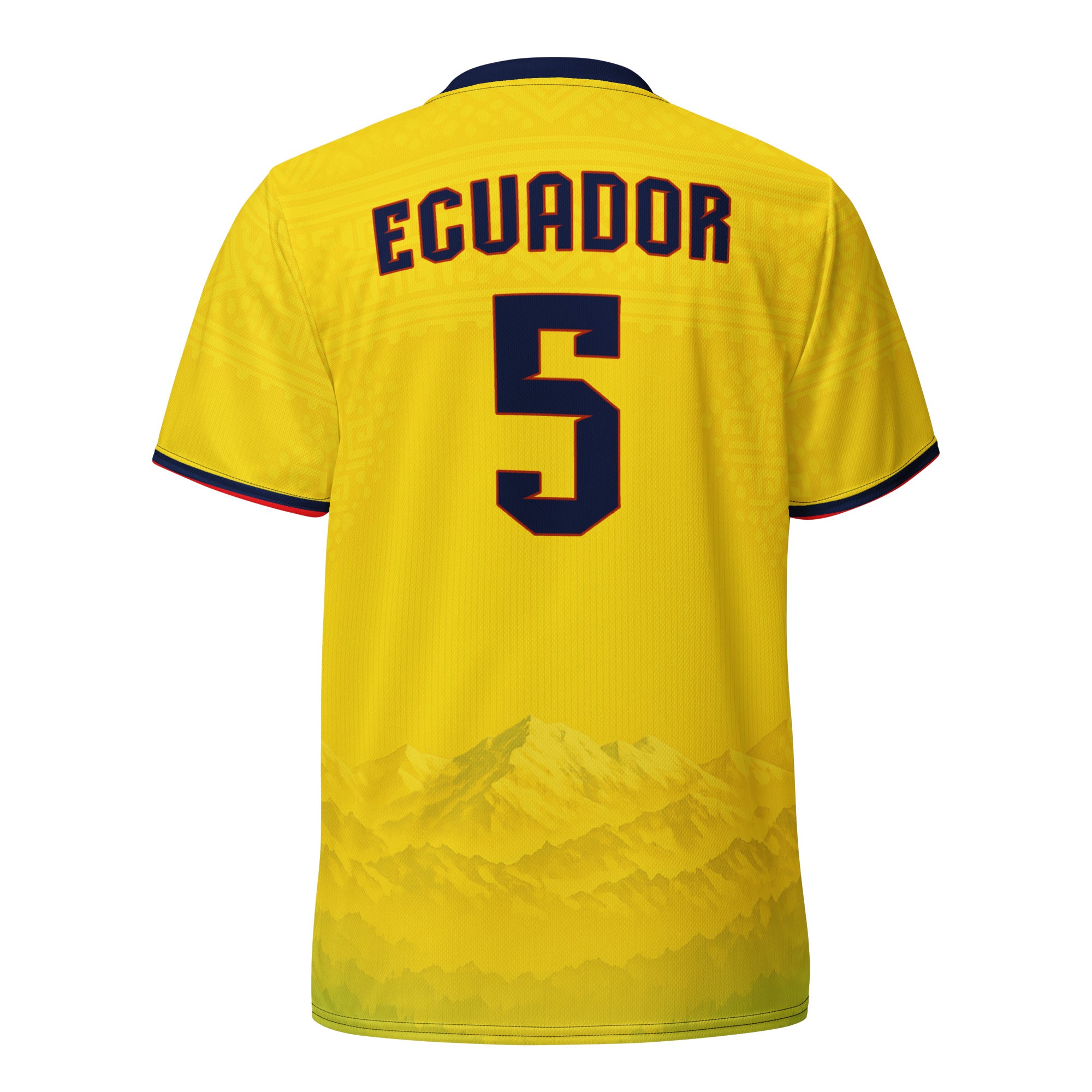 all-over-print-recycled-unisex-sports-jersey-Ecuador-Condor-soccer-jersey-yellow-base-with-mountain-silhouette-and-navy red-accents-premium-national-team-fanwear-back-view