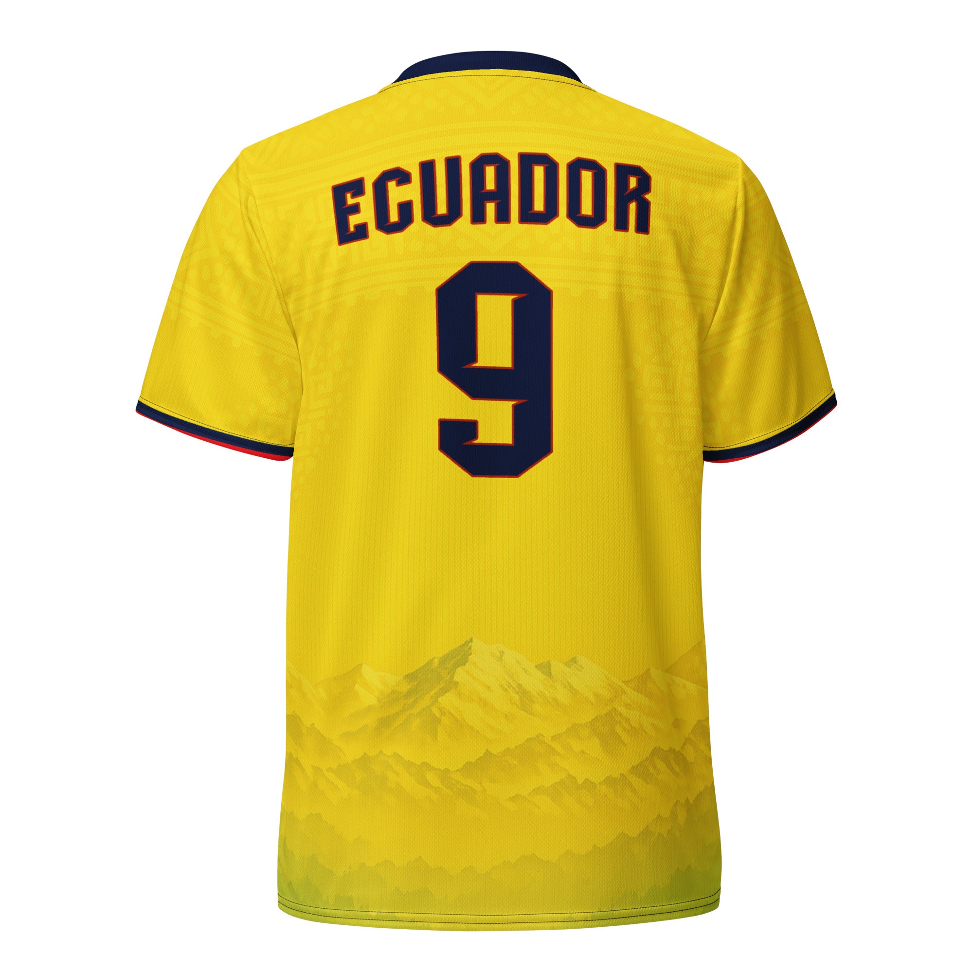 all-over-print-recycled-unisex-sports-jersey-Ecuador-Condor-soccer-jersey-yellow-base-with-mountain-silhouette-and-navy red-accents-premium-national-team-fanwear-back-view