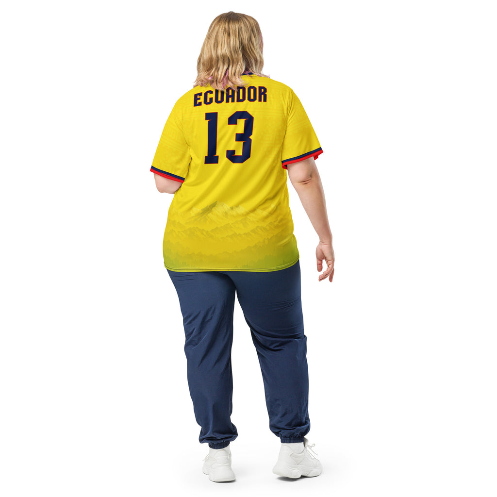 all-over-print-recycled-unisex-sports-jersey-Ecuador-Condor-soccer-jersey-yellow-base-with-mountain-silhouette-and-navy red-accents-premium-national-team-fanwear-model-back-view2-female-model