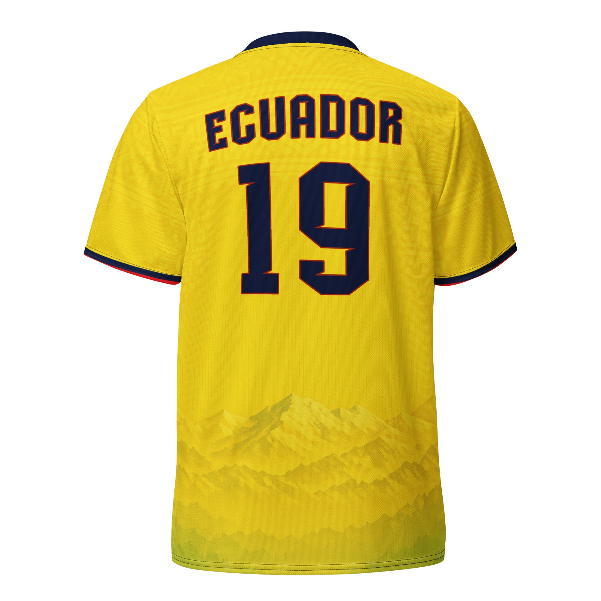 all-over-print-recycled-unisex-sports-jersey-Ecuador-Condor-soccer-jersey-yellow-base-with-mountain-silhouette-and-navy red-accents-premium-national-team-fanwear-back-view