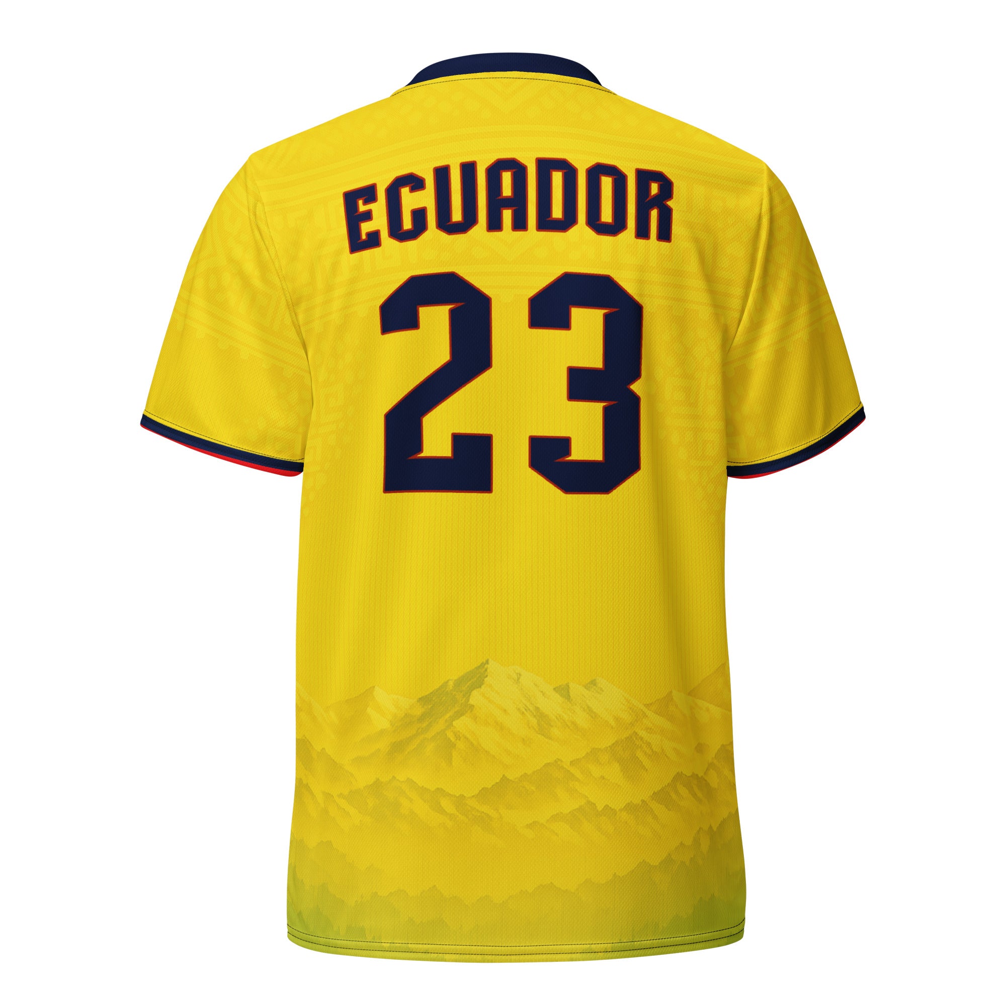 all-over-print-recycled-unisex-sports-jersey-Ecuador-Condor-soccer-jersey-yellow-base-with-mountain-silhouette-and-navy red-accents-premium-national-team-fanwear-back-view