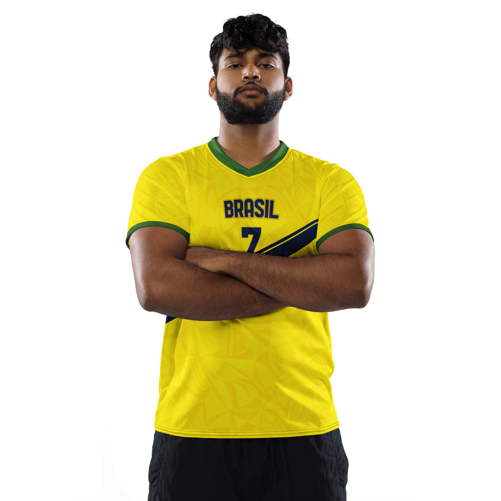 all-over-print-recycled-unisex-sports-jersey-#7-Brazil-Aurora-Amarela-edition-soccer-jersey-vibrant-yellow-with-blue-diagonal-strike-and-geometric-pattern-premium-national-team-fanwear-male-model-front-view