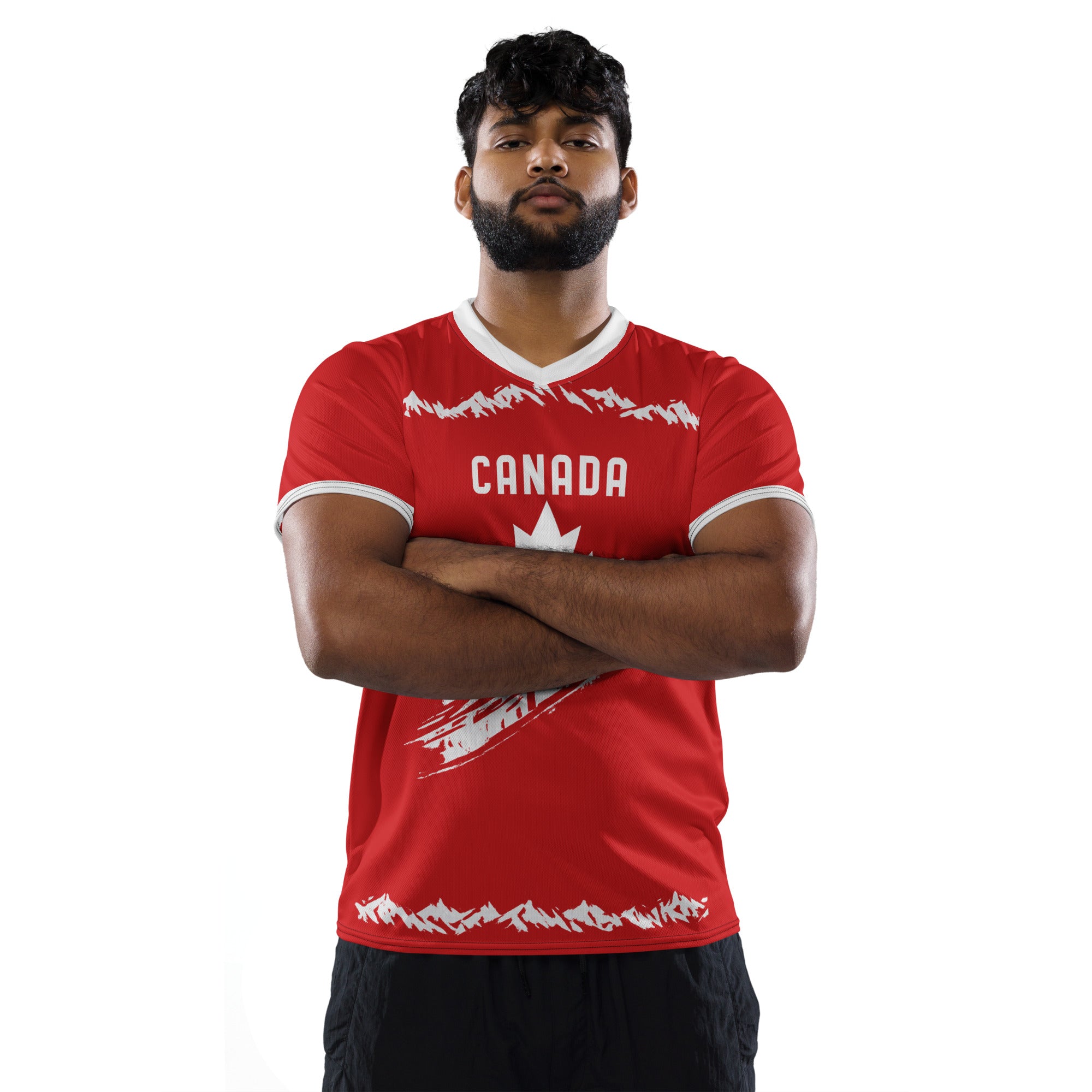 all-over-print-recycled-unisex-sports-jersey-#10-Canada-Northern-Pulse-edition-soccer-jersey-#-red-base-with- with-maple-leaf-and-mountain-graphics-premium-national-team-fanwear-male-model-front-view