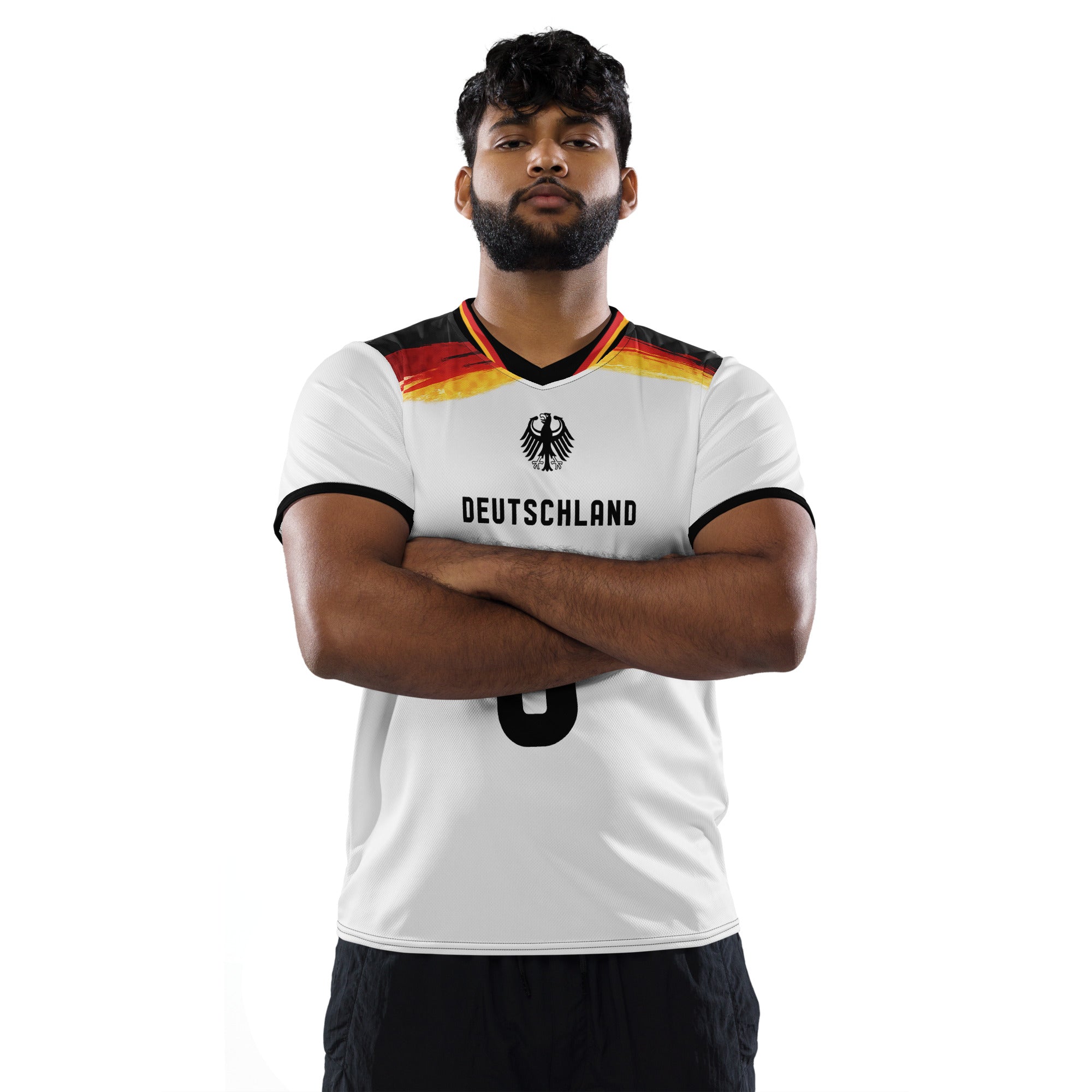 all-over-print-recycled-unisex-sports-jersey-Germany Horizon-edition-soccer-jersey-black-sleeves-with-tricolor-brushstroke-band-and-gold red black-trim-pattern-premium-national-team-fanwear-male-model-front-view