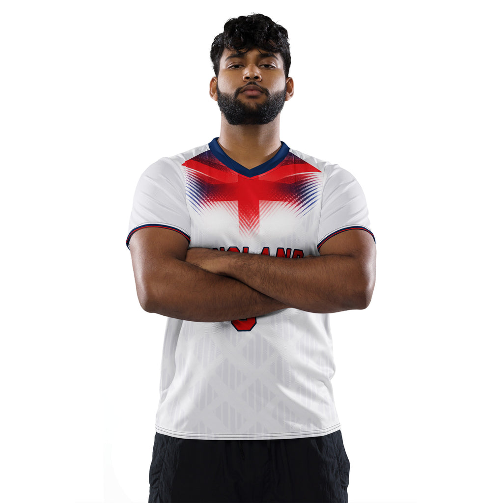 all-over-print-recycled-unisex-sports-jersey-#8-England-Lionheart-edition-soccer-jersey-vibrant-yellow-with-blue-diagonal-strike-and-geometric-pattern-premium-national-team-fanwear-male-model-front-view