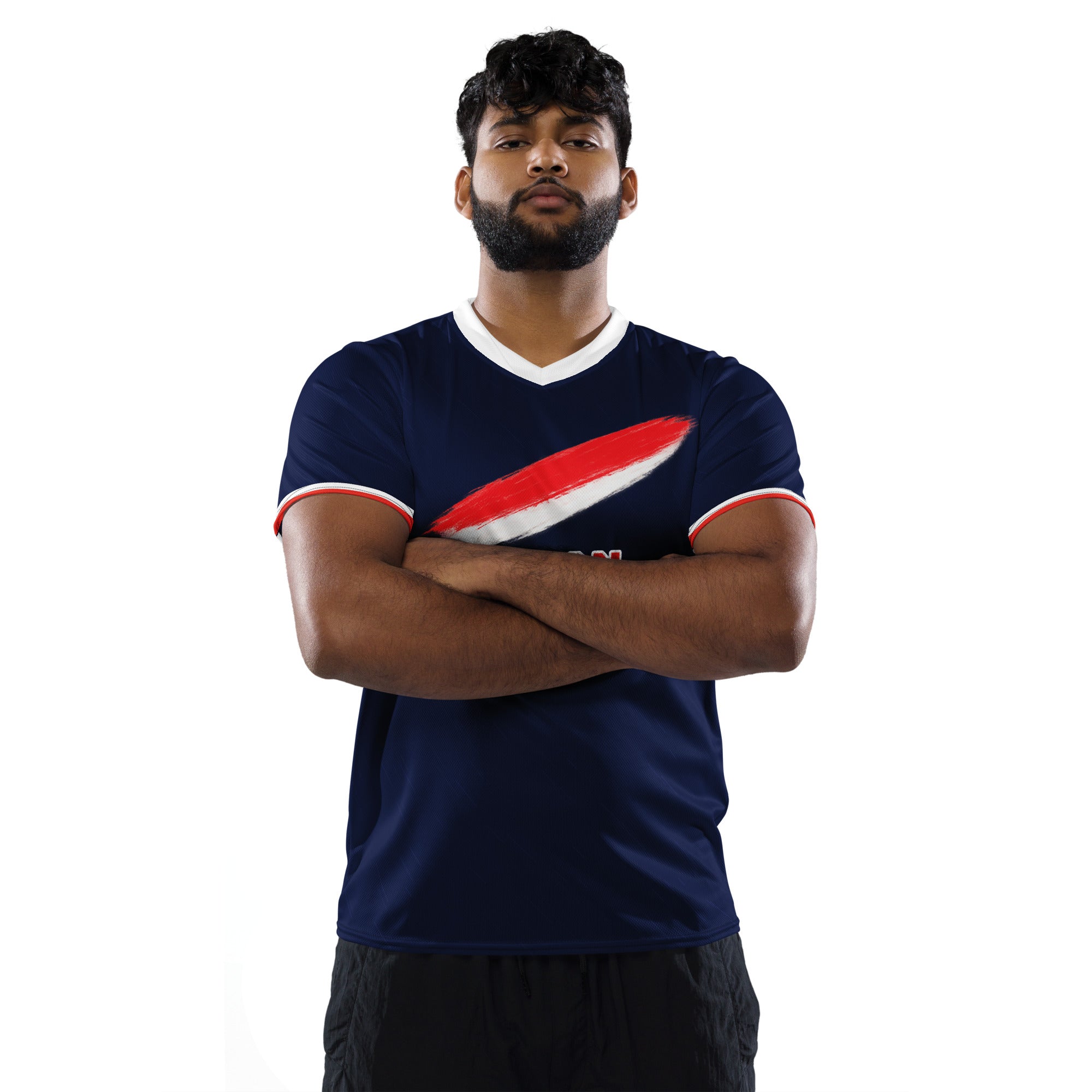 all-over-print-recycled-unisex-sports-jersey-Japan-Prime-edition-soccer-jersey-modern-minimalist-design-inspired-by-Japanese-aesthetics-premium-national-team-fanwear-male-model-front-view