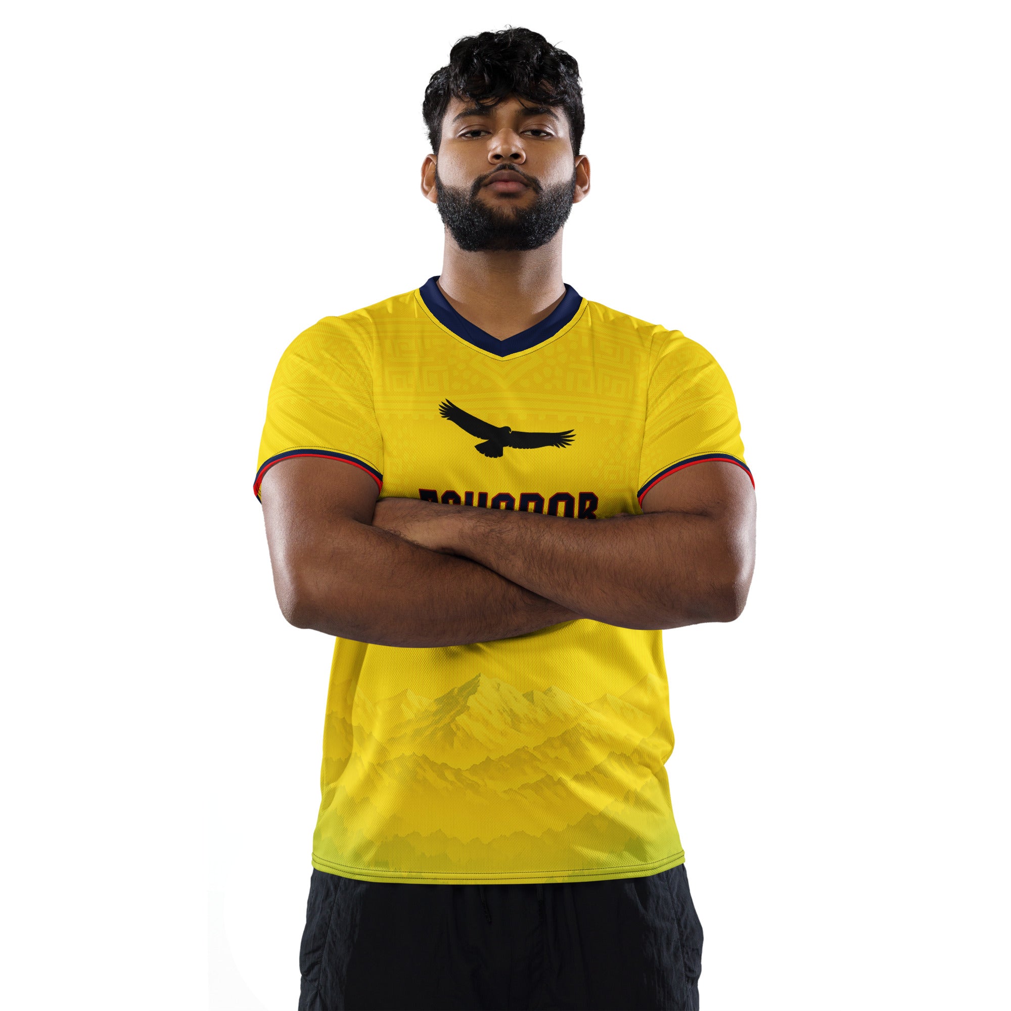 all-over-print-recycled-unisex-sports-jersey-Ecuador-Condor-soccer-jersey-yellow-base-with-mountain-silhouette-and-navy red-accents-premium-national-team-fanwear-male-model-front-view