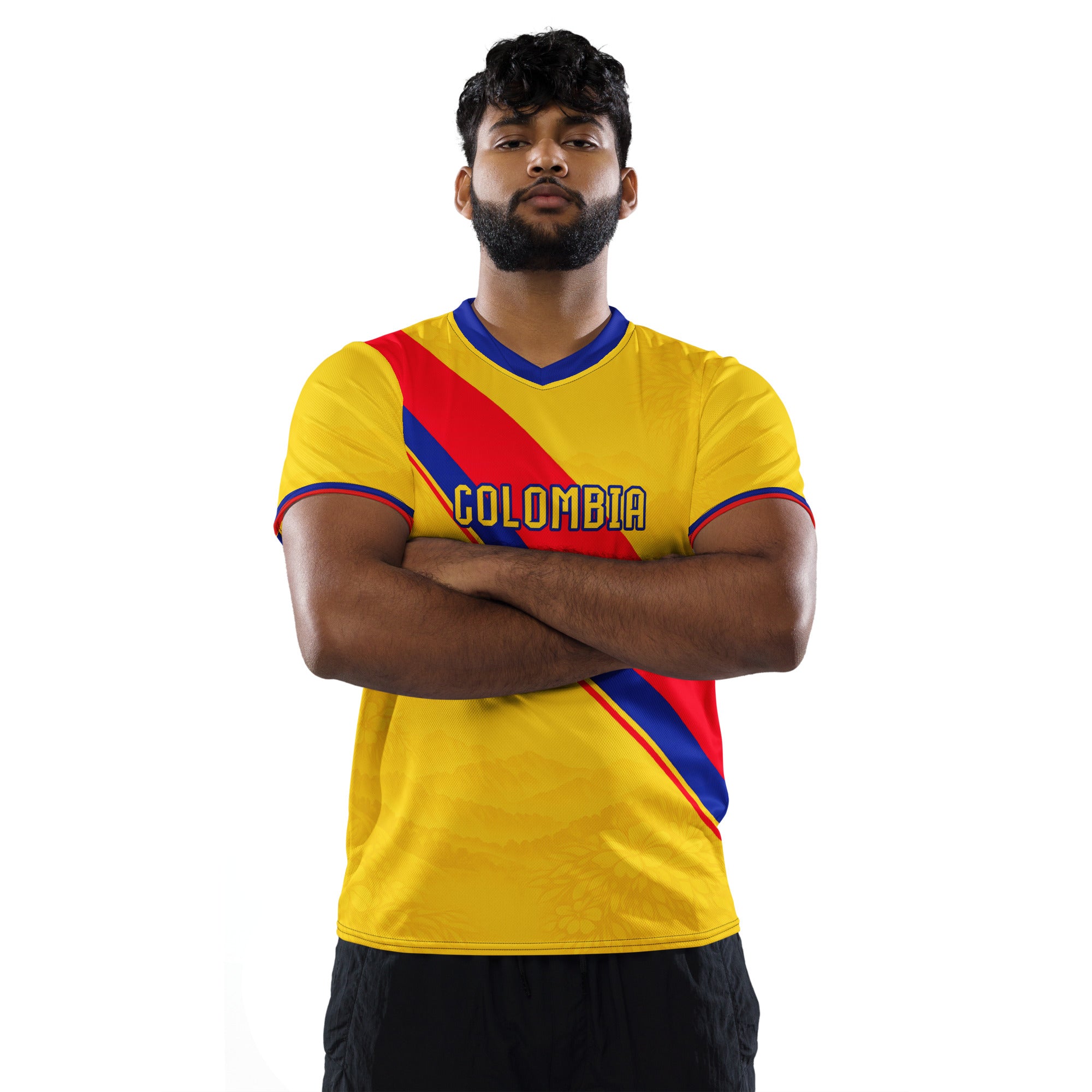 all-over-print-recycled-unisex-sports-jersey-Colombia-Pasión-Cafetera-soccer-jersey-golden-base-with-tricolor-sash-and-coffee leaf-motifs-premium-national-team-fanwear-male-model-front-view