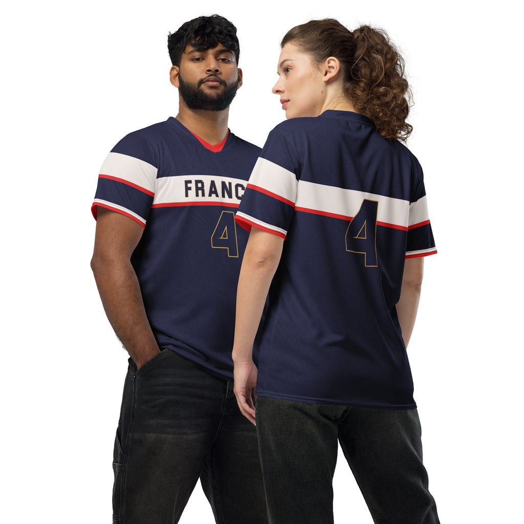 all-over-print-recycled-unisex-sports-jersey-France-Bleu-Majesté-edition-soccer-jersey-royal-blue-base-with-white-chest-band-and-gold-FRANCE-branding-premium-national-team-fanwear-front-and-back-view